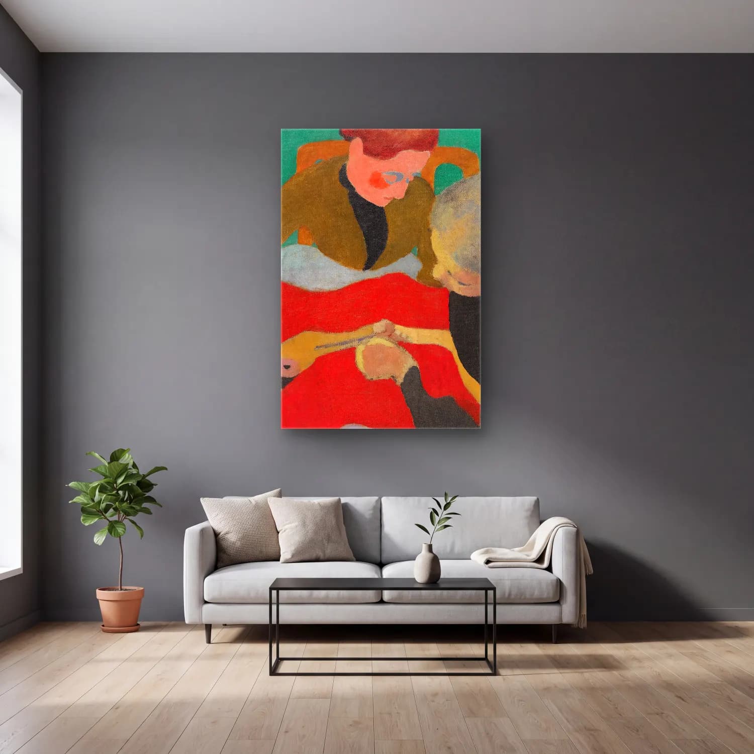 Édouard Vuillard – Anne ve Çocuk – Kırmızı Tonlar cam tablo — gri duvarlı salonda