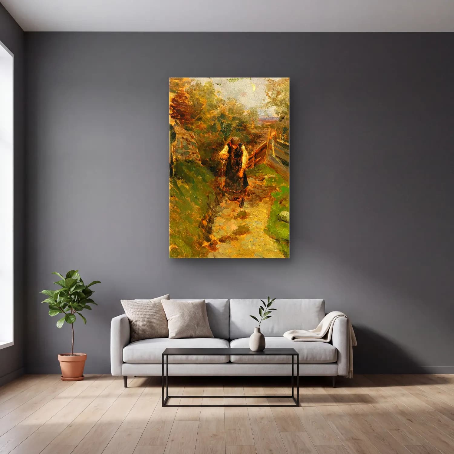 Olga Wisinger-Florian – Study of a peasant woman returning home cam tablo — gri duvarlı salonda