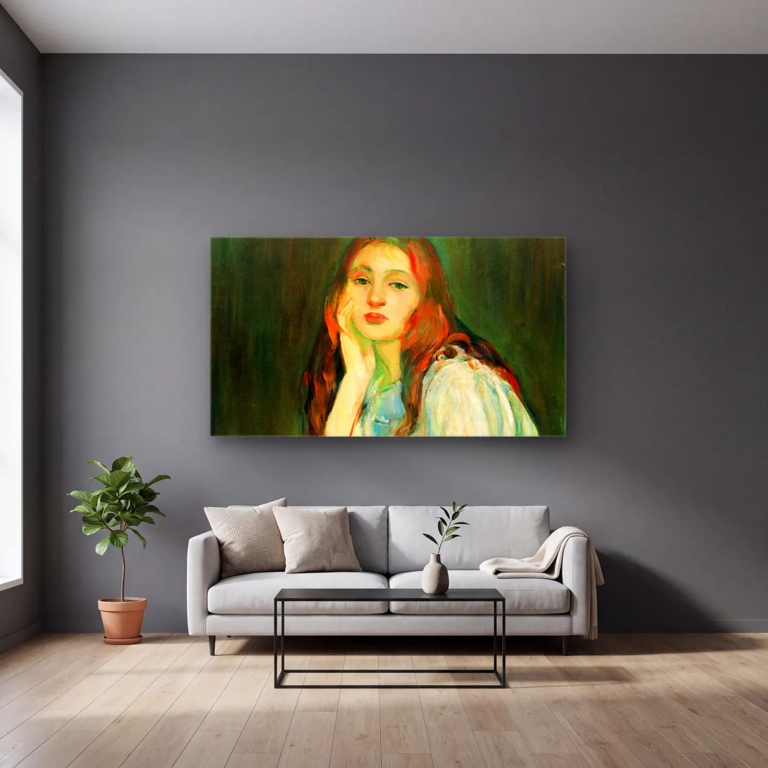 Berthe Morisot – Julie dreaming cam tablo — gri duvarlı salonda
