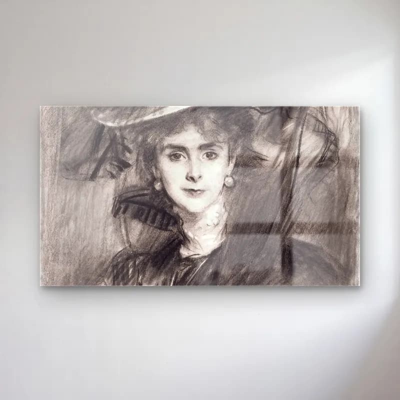 John Singer Sargent – Portrait of the Baroness de Meyer cam tablo — John Singer Sargent – Portrait of the Baroness de Meyer — karakalem şapkalı kadın