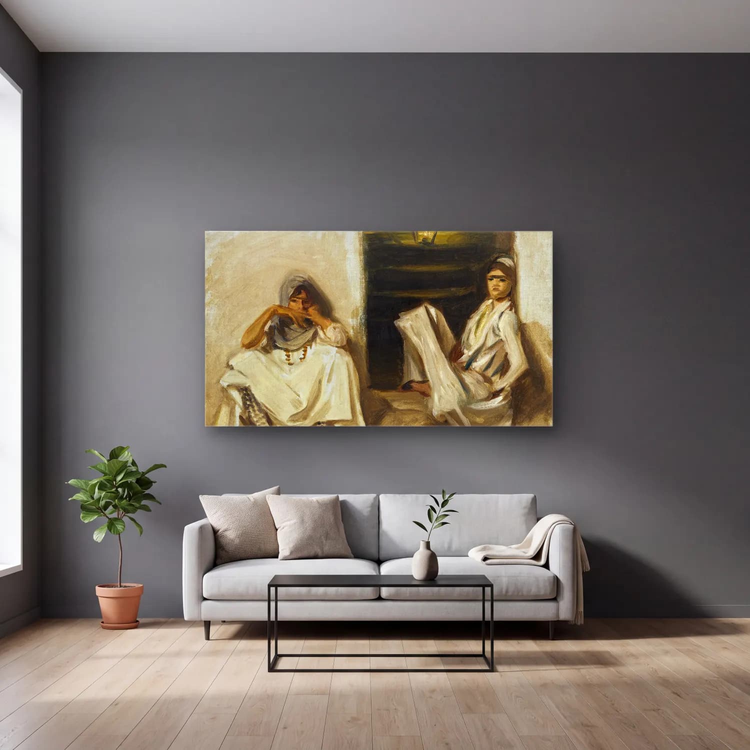 John Singer Sargent – Two Arab Women cam tablo — gri duvarlı salonda