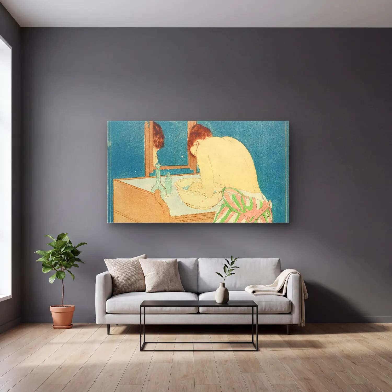 Mary Cassatt – Woman Bathing cam tablo — gri duvarlı salonda
