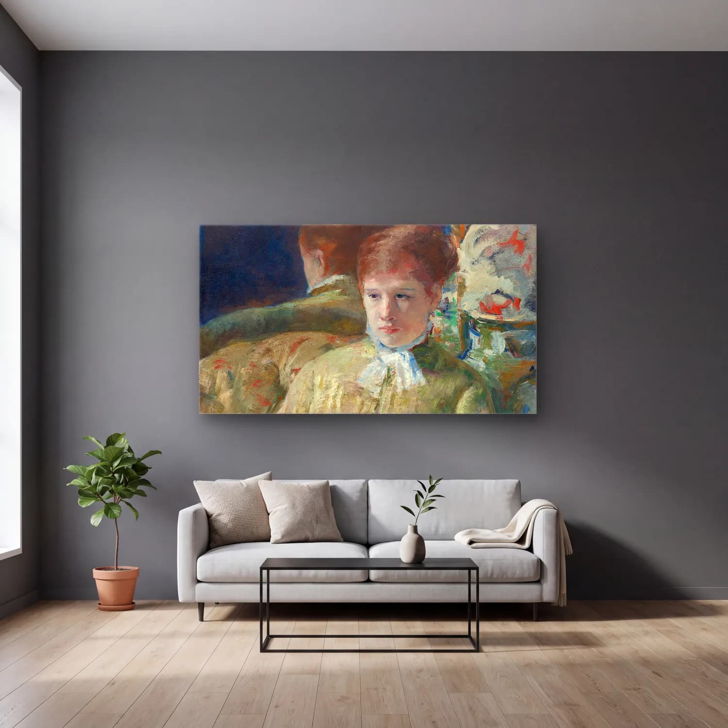 Mary Cassatt – Woman with a Fan cam tablo — gri duvarlı salonda
