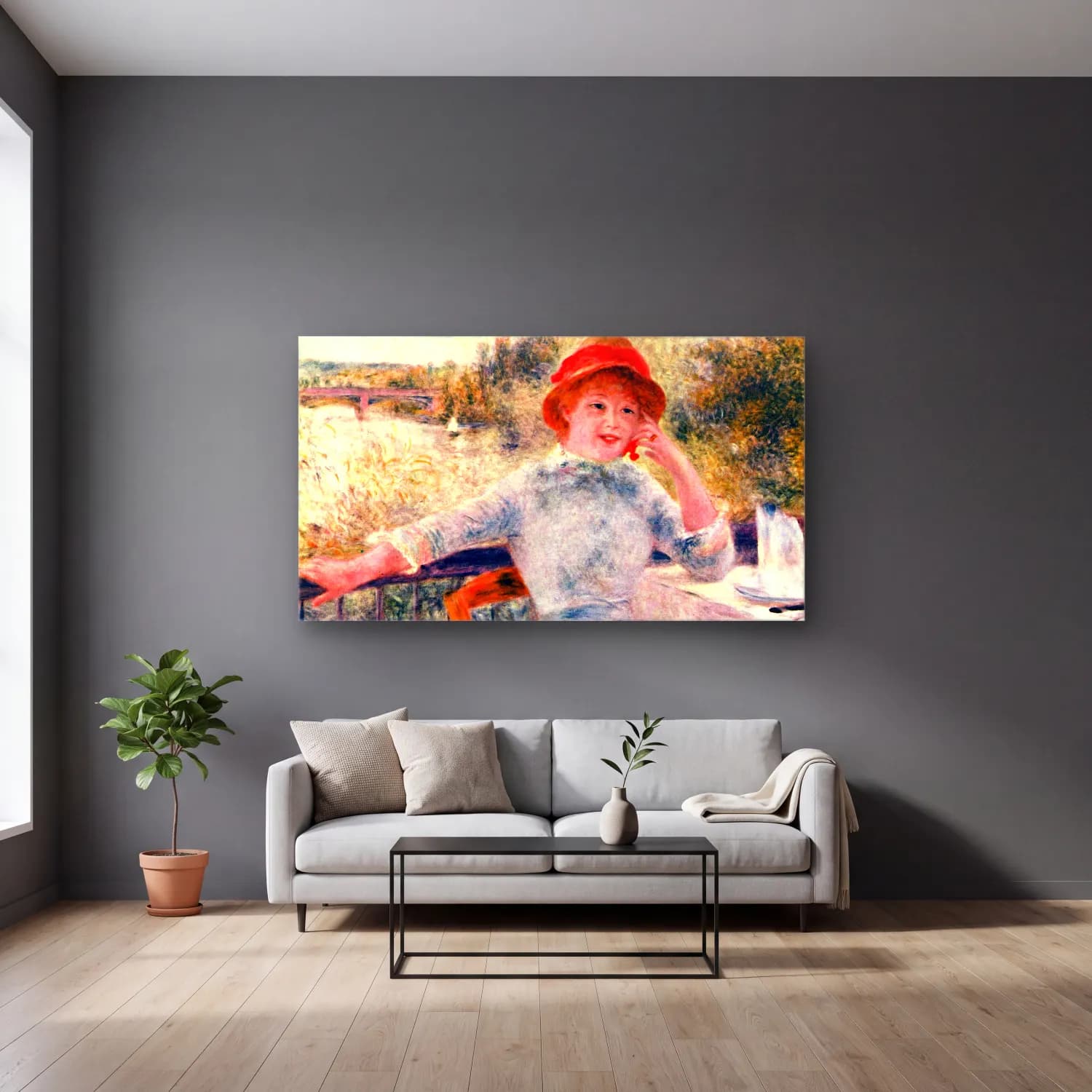 Pierre-Auguste Renoir – Portrait of Alphonsine Fournaise cam tablo — gri duvarlı salonda