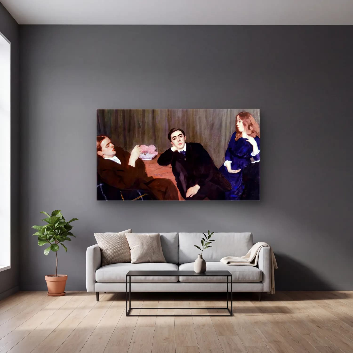 Károly Ferenczy – Triple Portrait (Sister and Brothers) cam tablo — gri duvarlı salonda