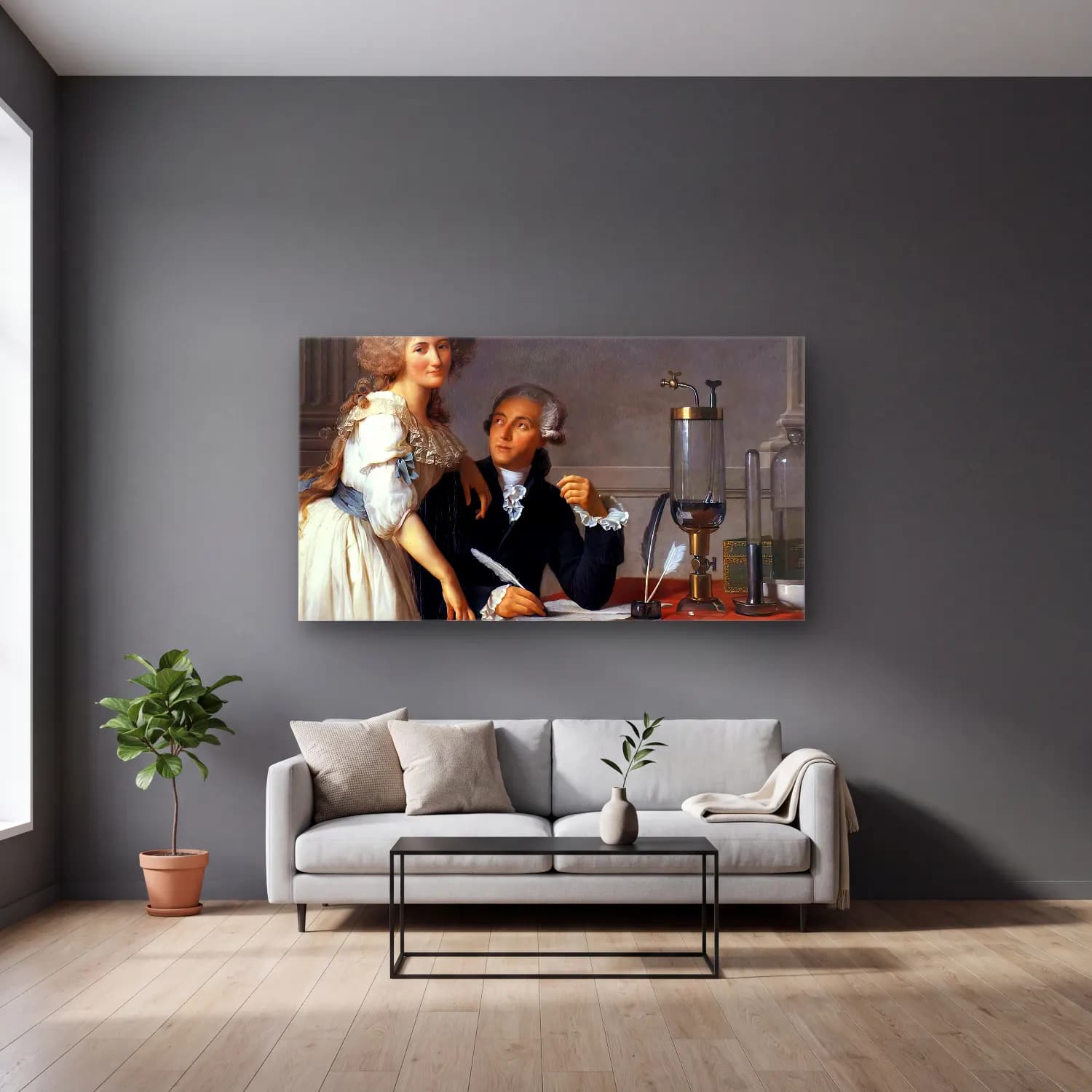 Jacques-Louis David – Portrait of Antoine-Laurent and Marie-Anne Lavoisier… cam tablo — gri duvarlı salonda