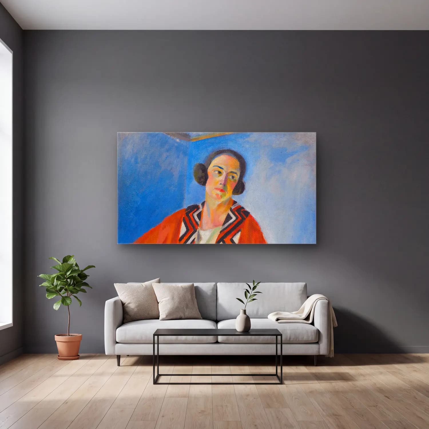 Robert Delaunay – Portrait De Hélène Marre – Turuncu Tonlar cam tablo — gri duvarlı salonda