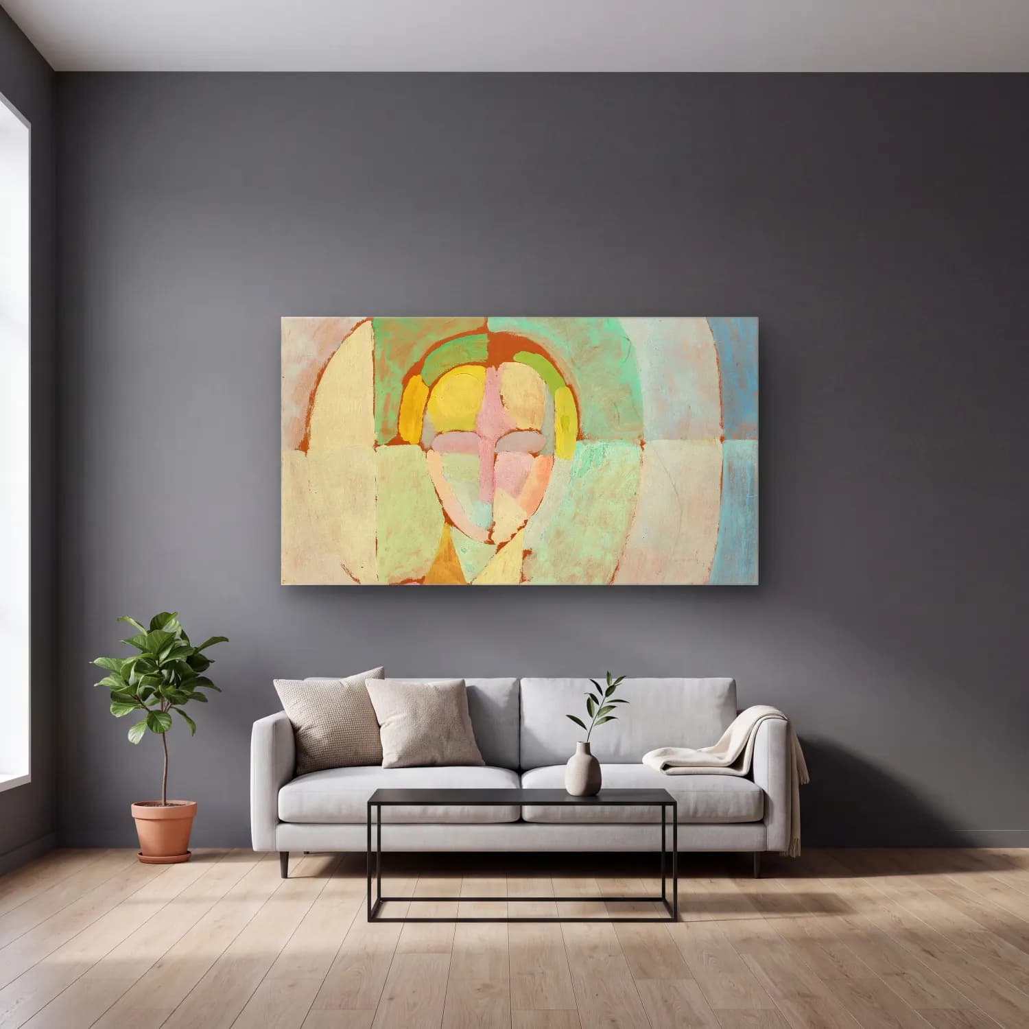 Robert Delaunay – Portrait De Madame Heim cam tablo — gri duvarlı salonda