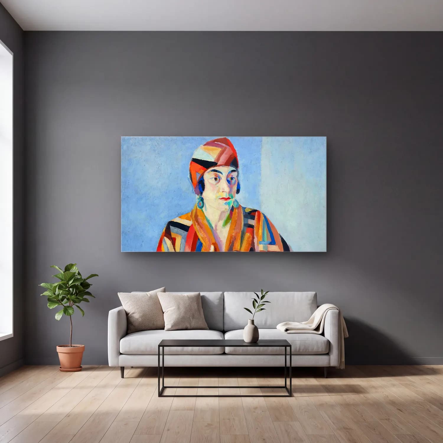 Robert Delaunay – Portrait De Madame Mandel – Turuncu Tonlar cam tablo — gri duvarlı salonda
