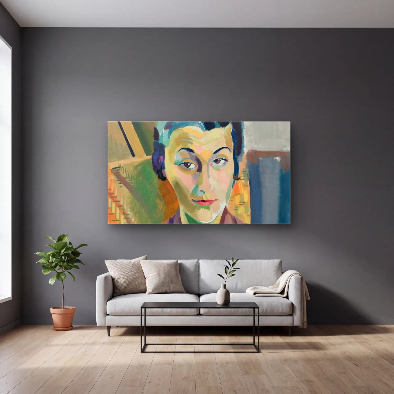 Robert Delaunay – Portrait De Maria Lani – Yeşil Tonlar cam tablo — gri duvarlı salonda