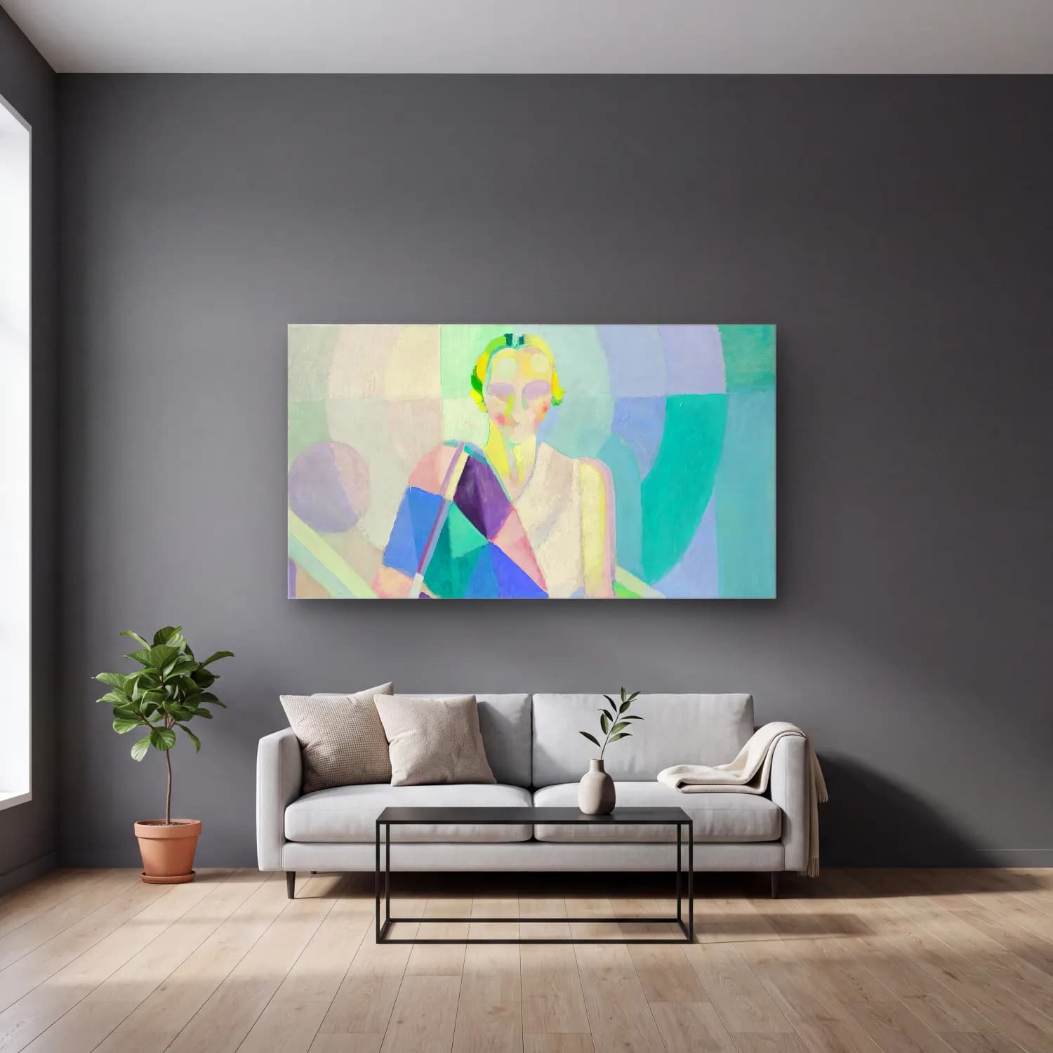 Robert Delaunay – Portrait de Madame Heim – Pastel Tonlar cam tablo — gri duvarlı salonda