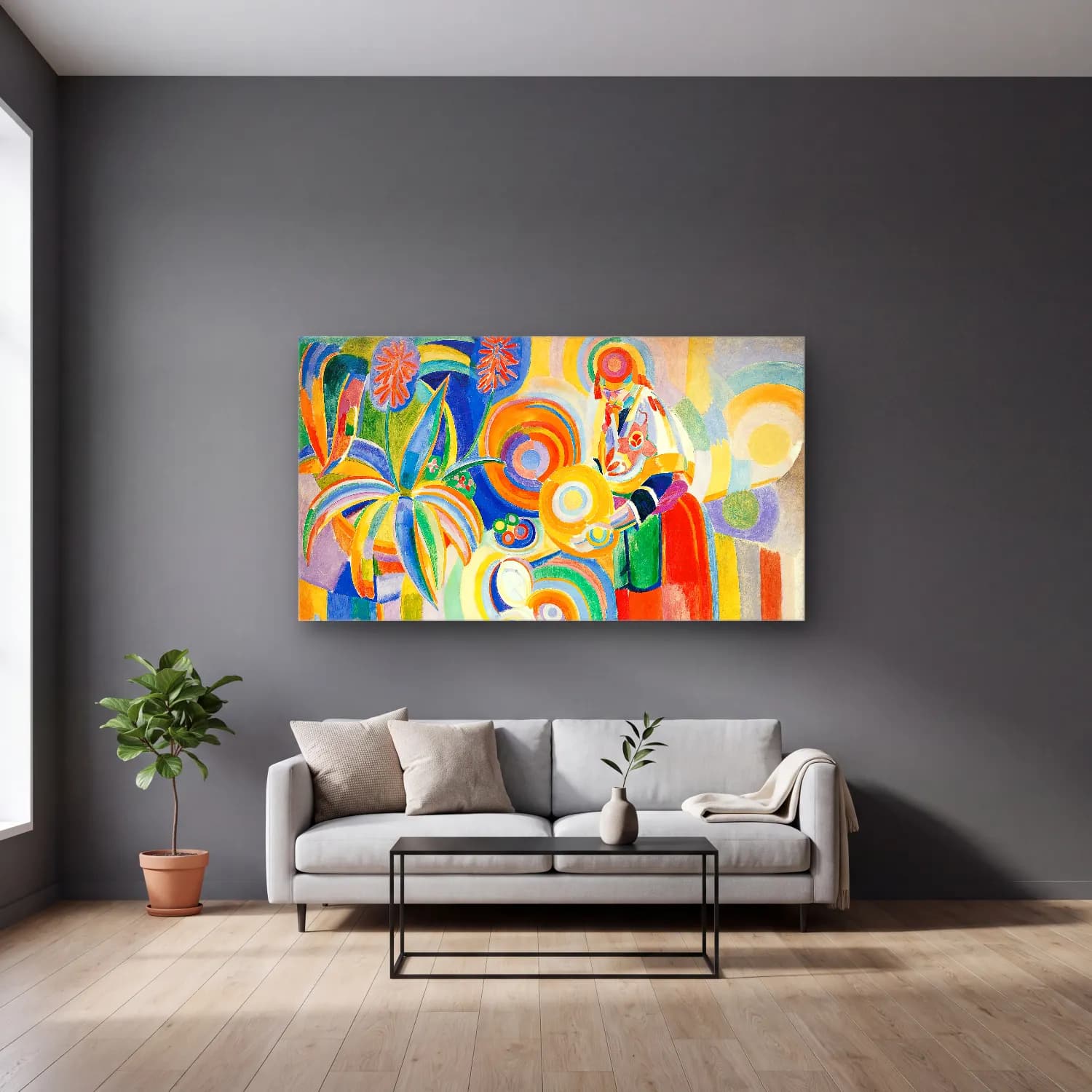 Robert Delaunay – Portuguese Woman – Sarı Tonlar cam tablo — gri duvarlı salonda
