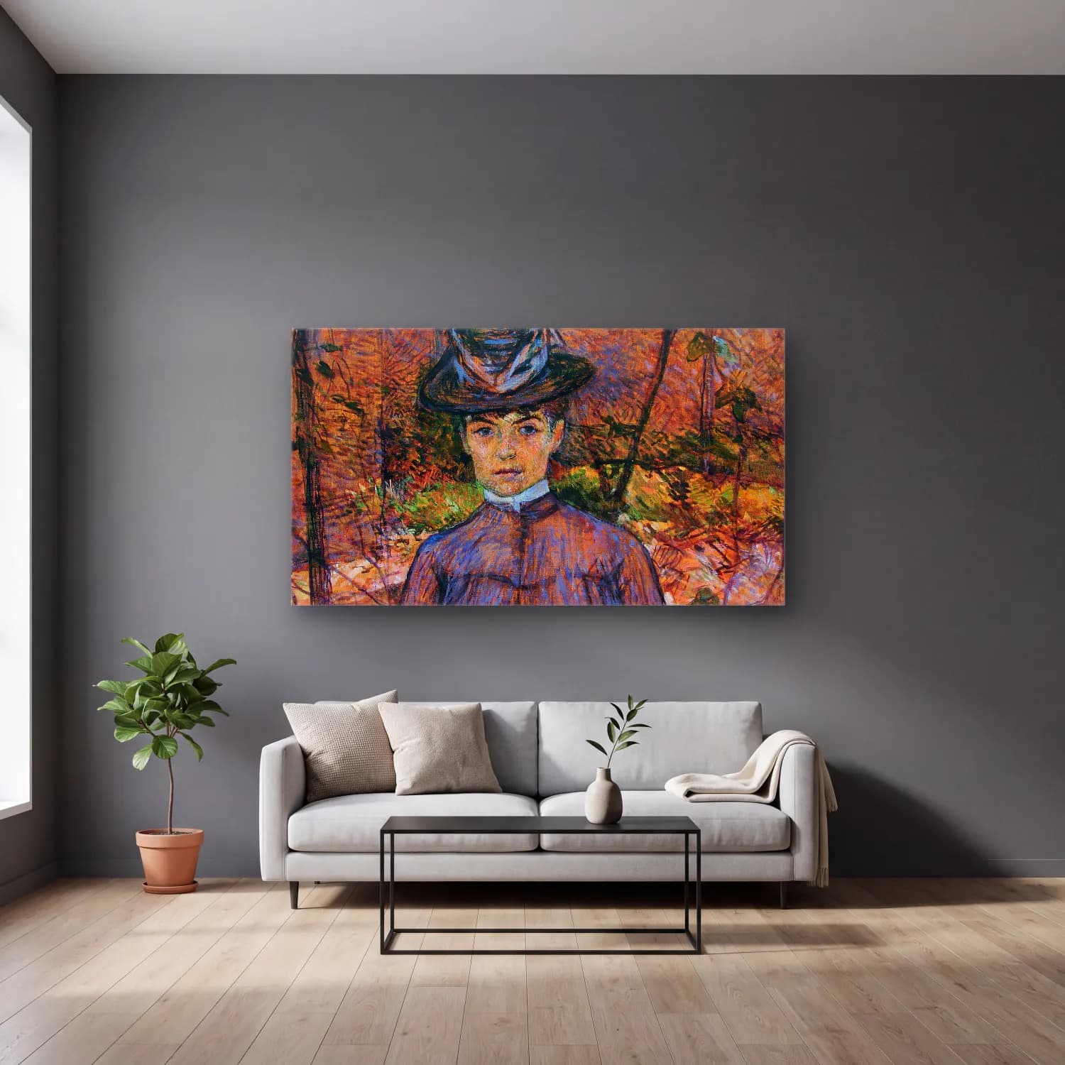 Henri de Toulouse-Lautrec – Portrait de Suzanne Valadon cam tablo — gri duvarlı salonda