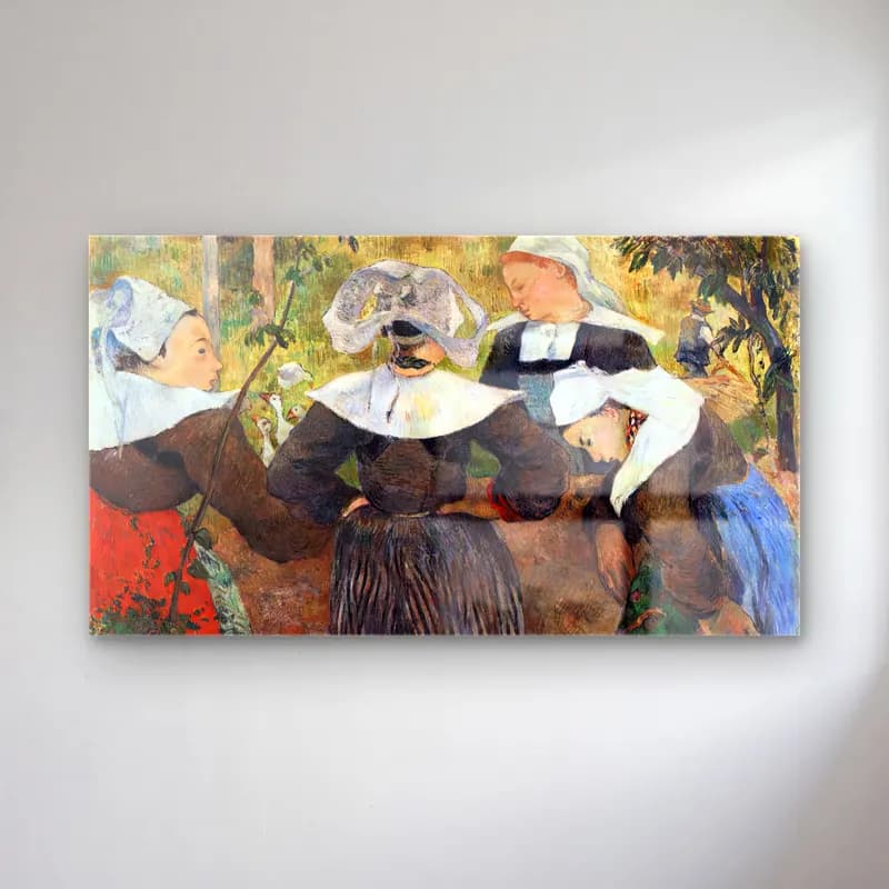Paul Gauguin – Four Breton Women Dancing cam tablo — Paul Gauguin – Four Breton Women Dancing — empresyonist şapkalı kadın