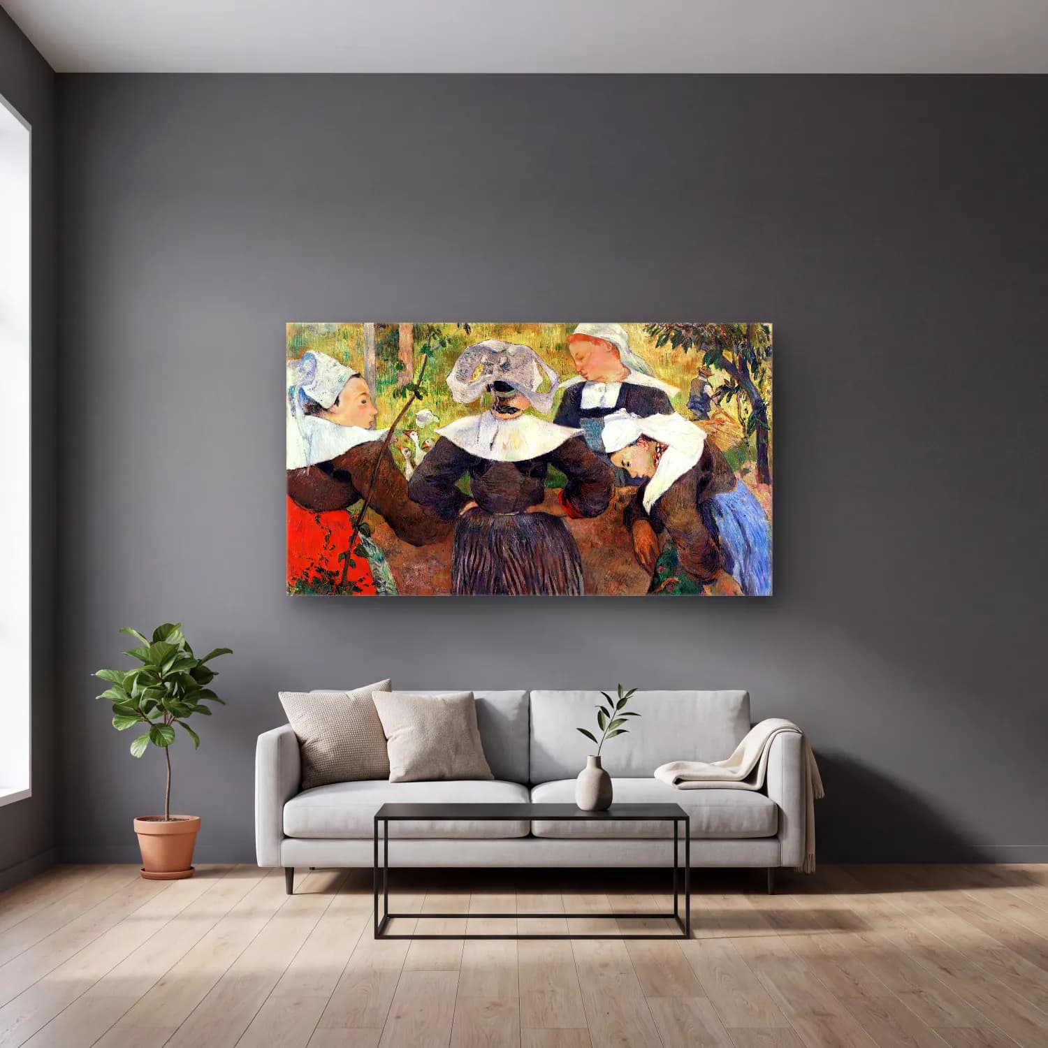Paul Gauguin – Four Breton Women Dancing cam tablo — gri duvarlı salonda