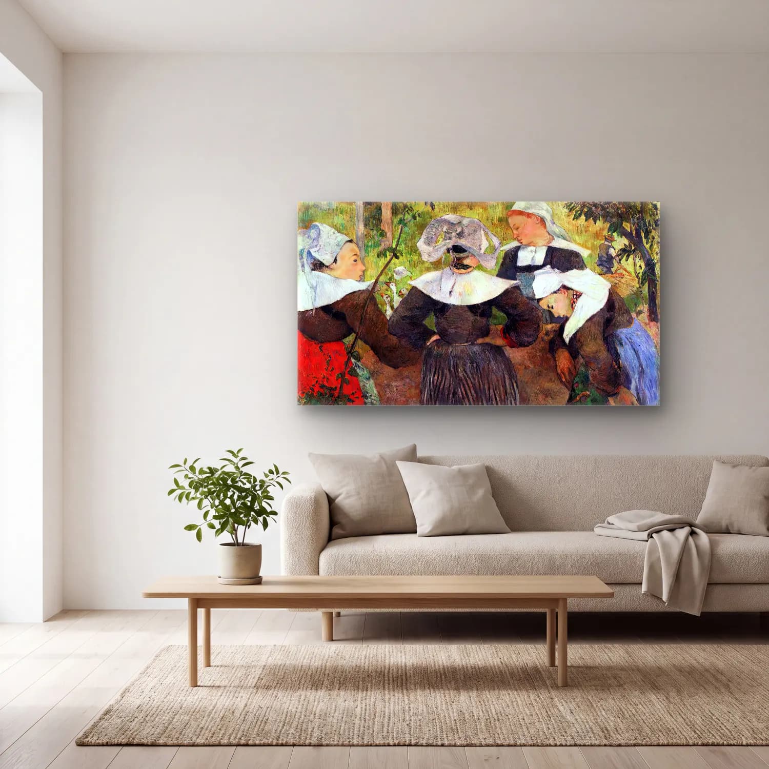 Paul Gauguin – Four Breton Women Dancing cam tablo — açık renk salonda