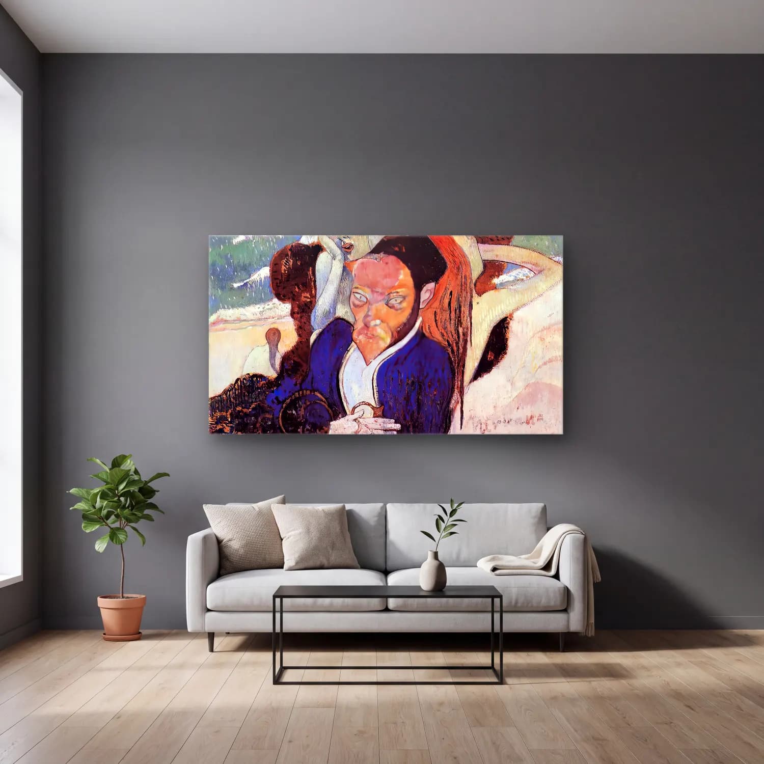 Paul Gauguin – Nirvana, Portrait of Meyer de Haan cam tablo — gri duvarlı salonda
