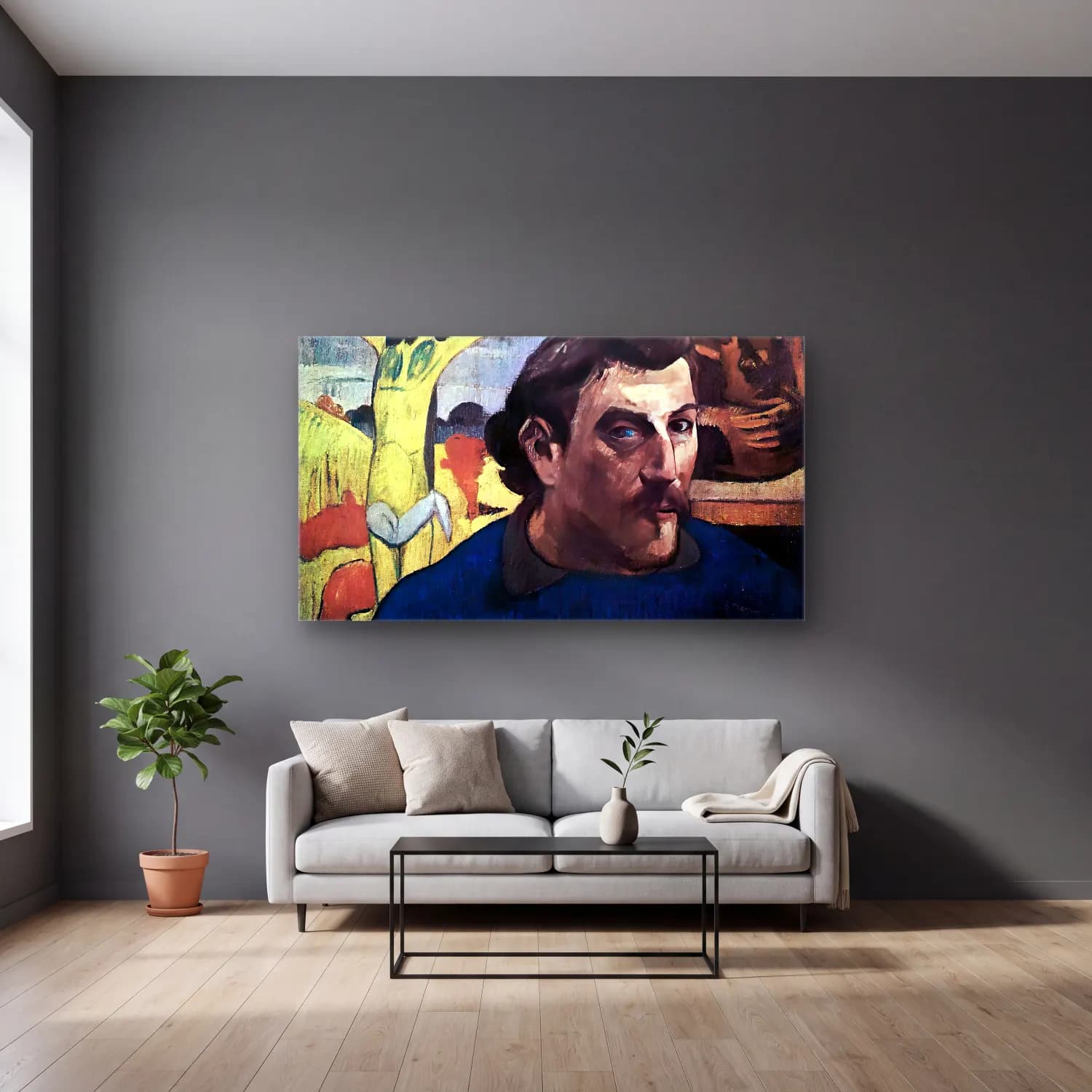Paul Gauguin – Self-Portrait with Yellow Christ cam tablo — gri duvarlı salonda