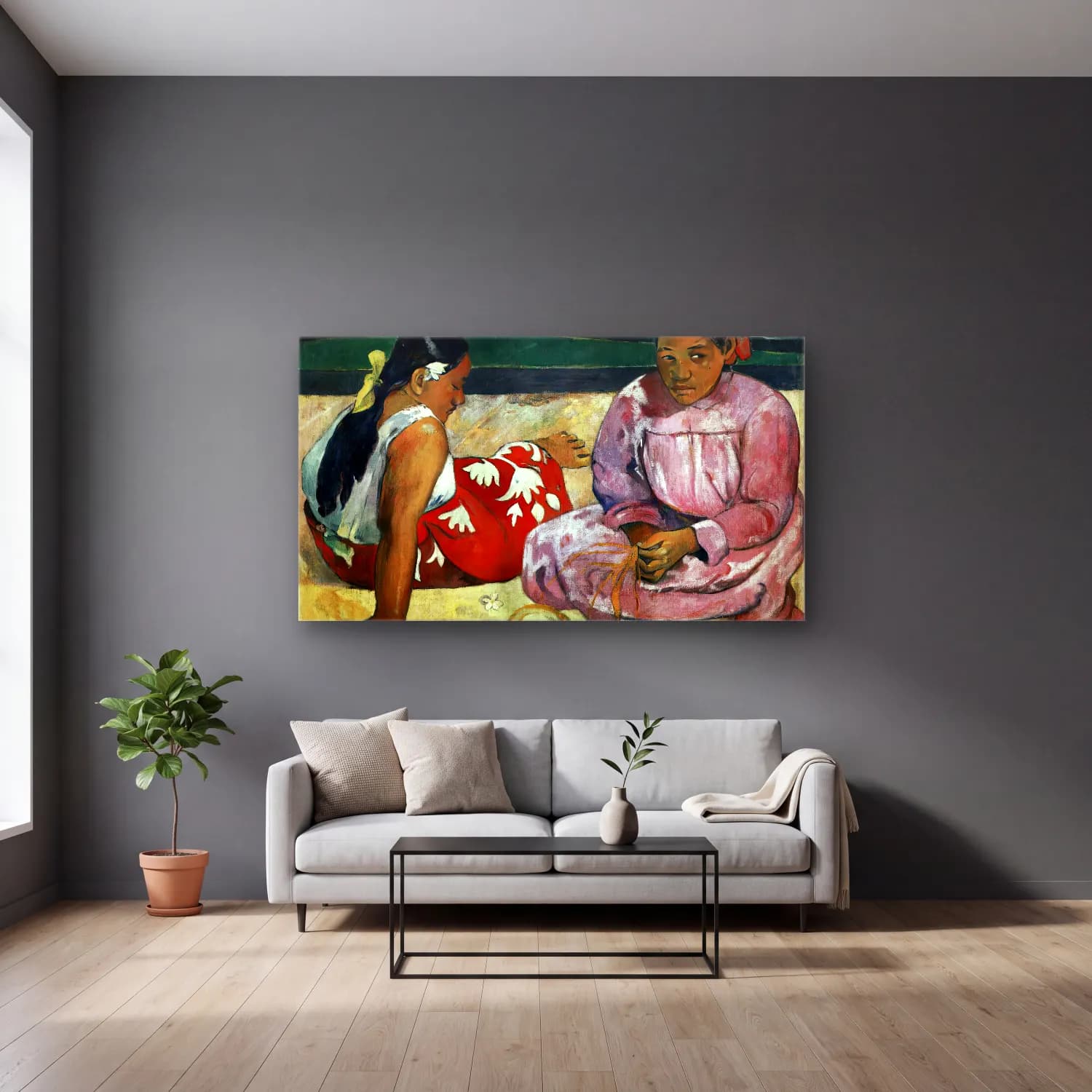 Paul Gauguin – Tahitian Women on the Beach cam tablo — gri duvarlı salonda