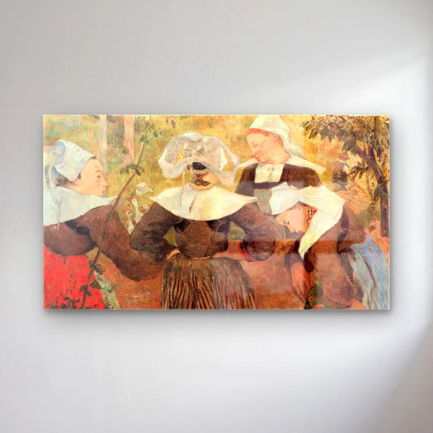 Paul Gauguin – The Dance of 4 Women of Breton cam tablo — Paul Gauguin – The Dance of 4 Women of Breton — empresyonist şapkalı kadın