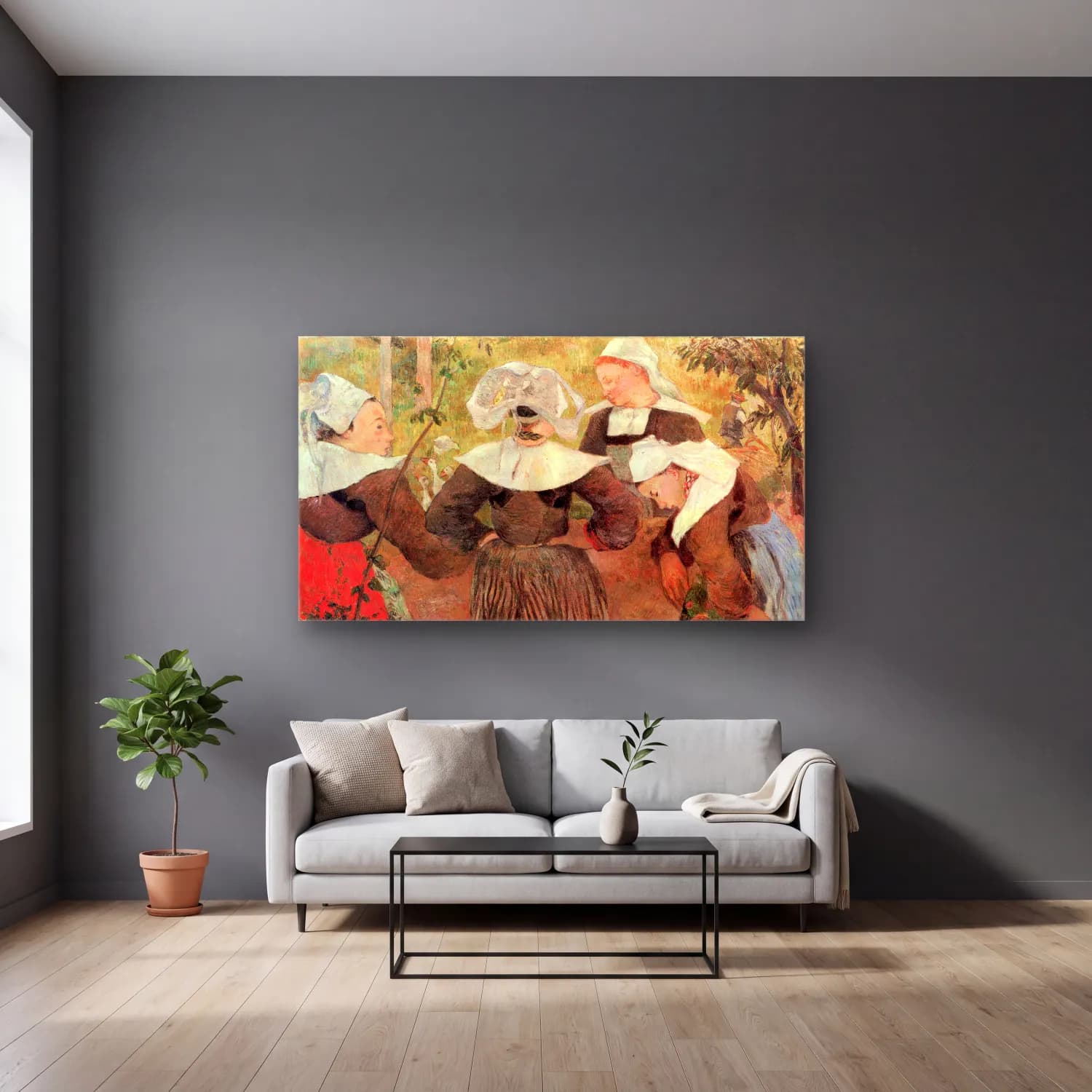 Paul Gauguin – The Dance of 4 Women of Breton cam tablo — gri duvarlı salonda