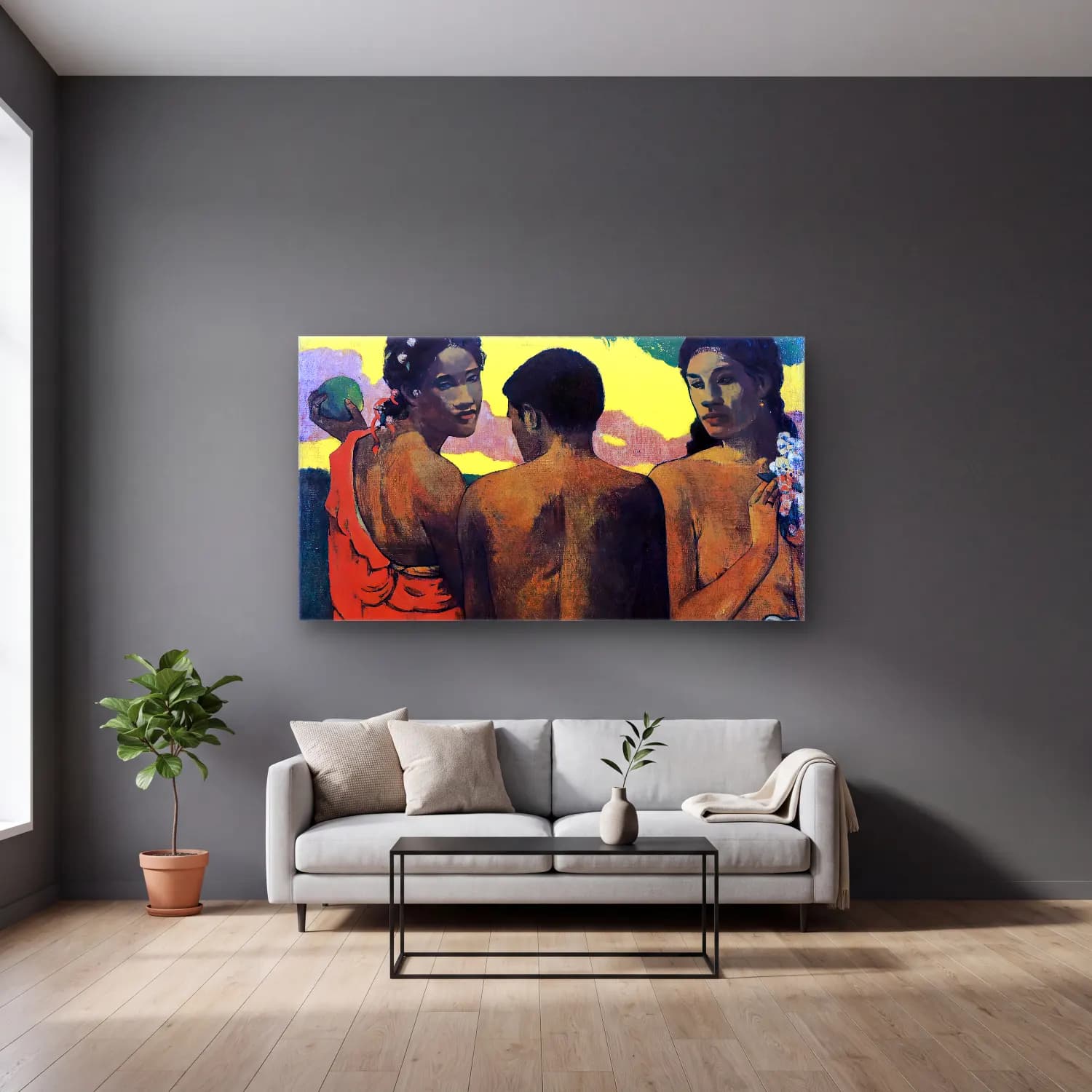 Paul Gauguin – Three Tahitians cam tablo — gri duvarlı salonda