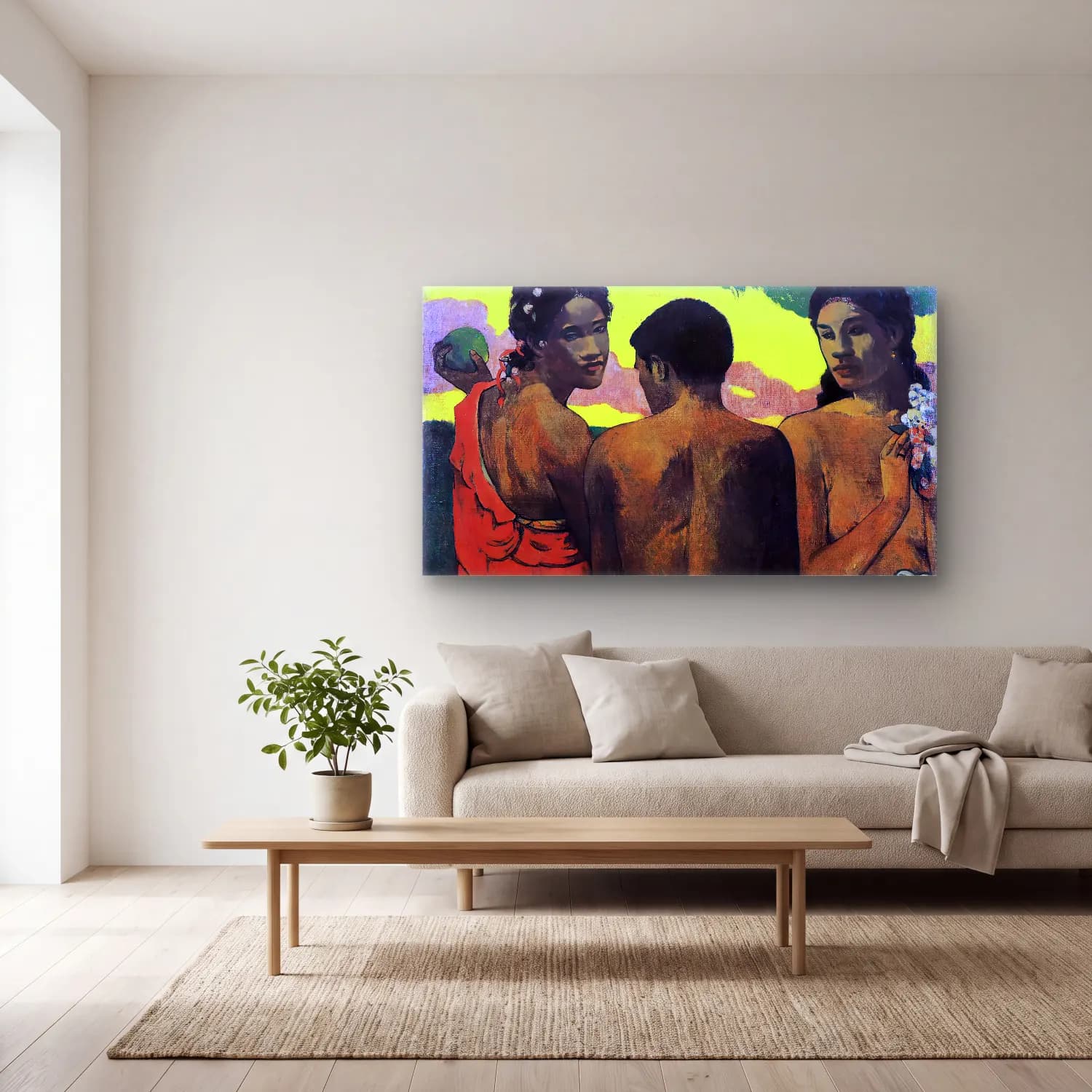 Paul Gauguin – Three Tahitians cam tablo — açık renk salonda