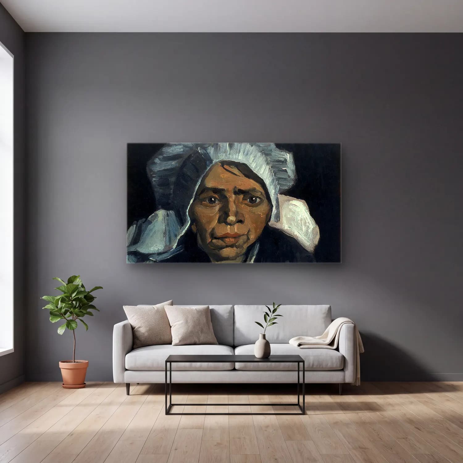 Vincent van Gogh – Head of a Peasant Woman cam tablo — gri duvarlı salonda