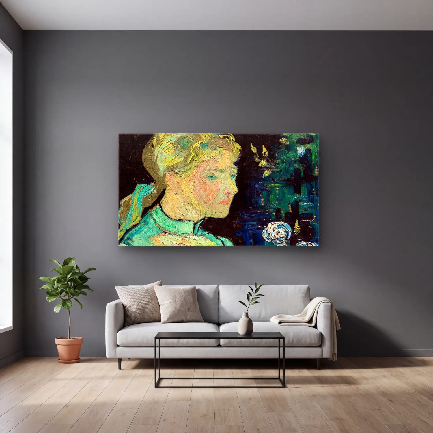 Vincent van Gogh – Portrait of Adeline Ravoux cam tablo — gri duvarlı salonda