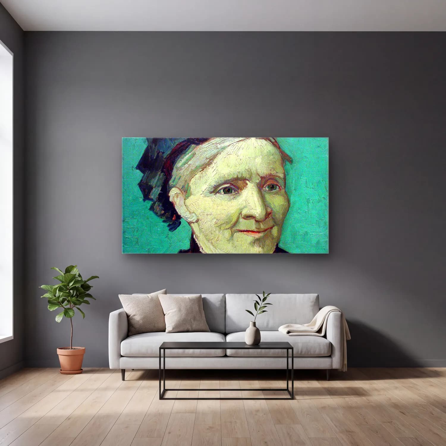 Vincent van Gogh – Portrait of the Artist s Mother cam tablo — gri duvarlı salonda