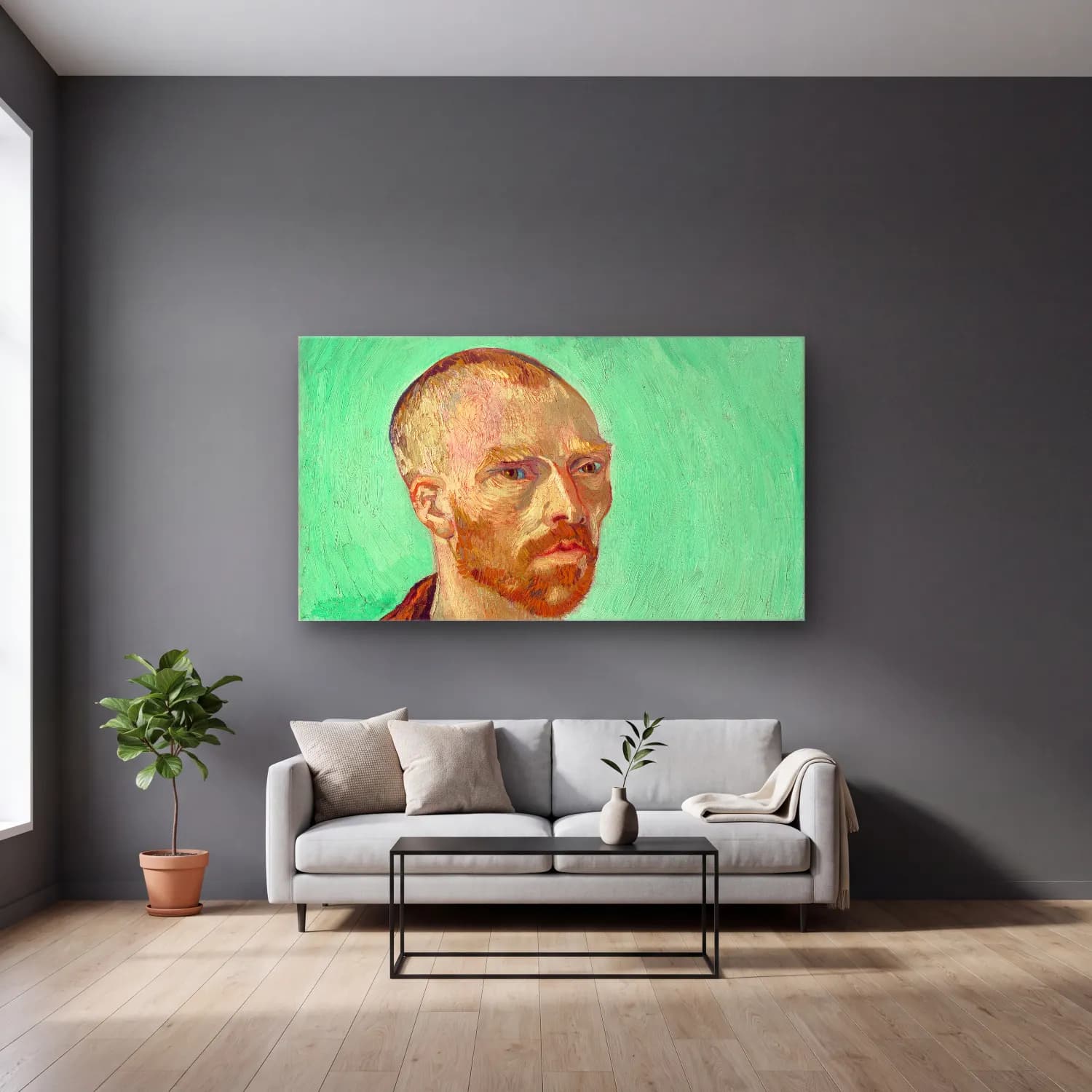 Vincent van Gogh – Self-Portrait (Dedicated to Paul Gauguin) cam tablo — gri duvarlı salonda