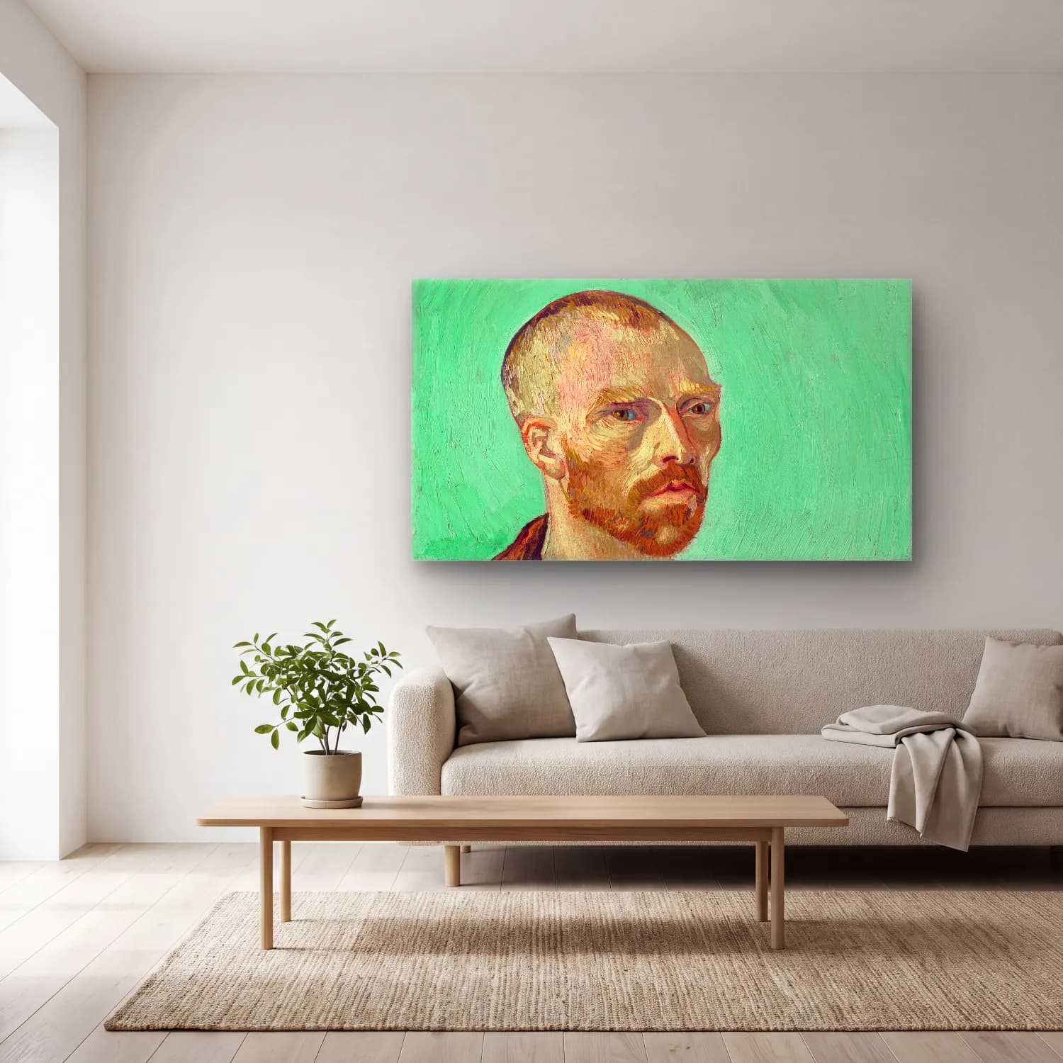 Vincent van Gogh – Self-Portrait (Dedicated to Paul Gauguin) cam tablo — açık renk salonda