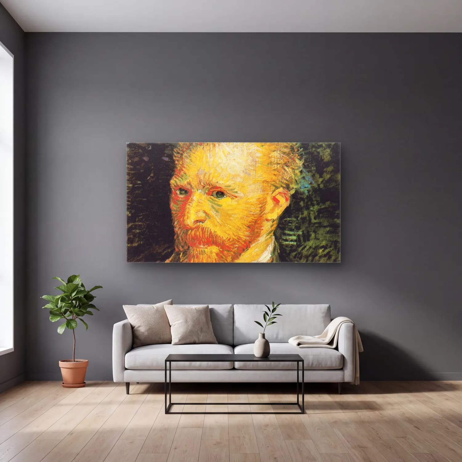 Vincent van Gogh – Self-portrait – Sarı Tonlar cam tablo — gri duvarlı salonda