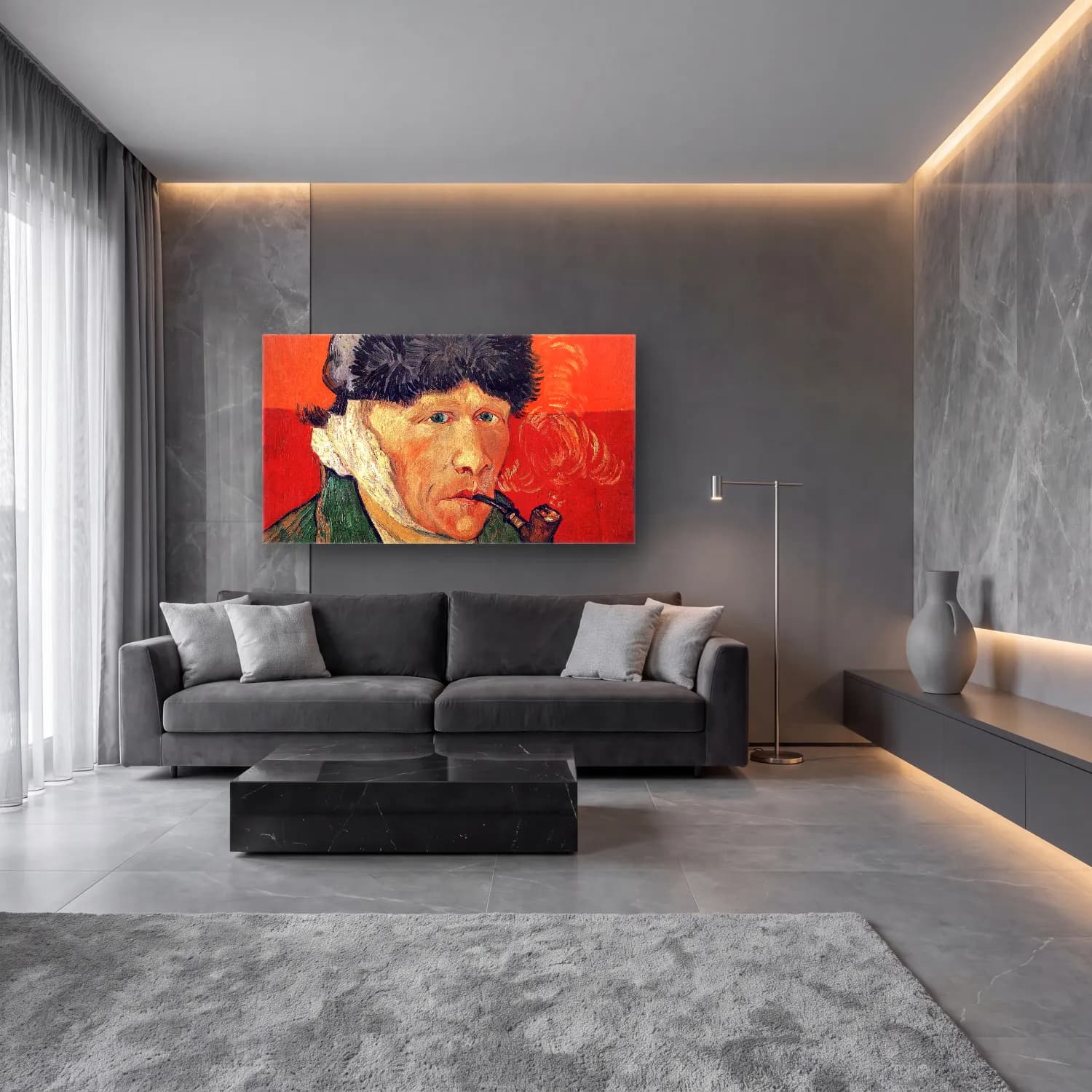 Vincent van Gogh – Vincent van Gogh s Self-Portrait with Bandaged Ear and Pipe cam tablo — lüks salon duvarında