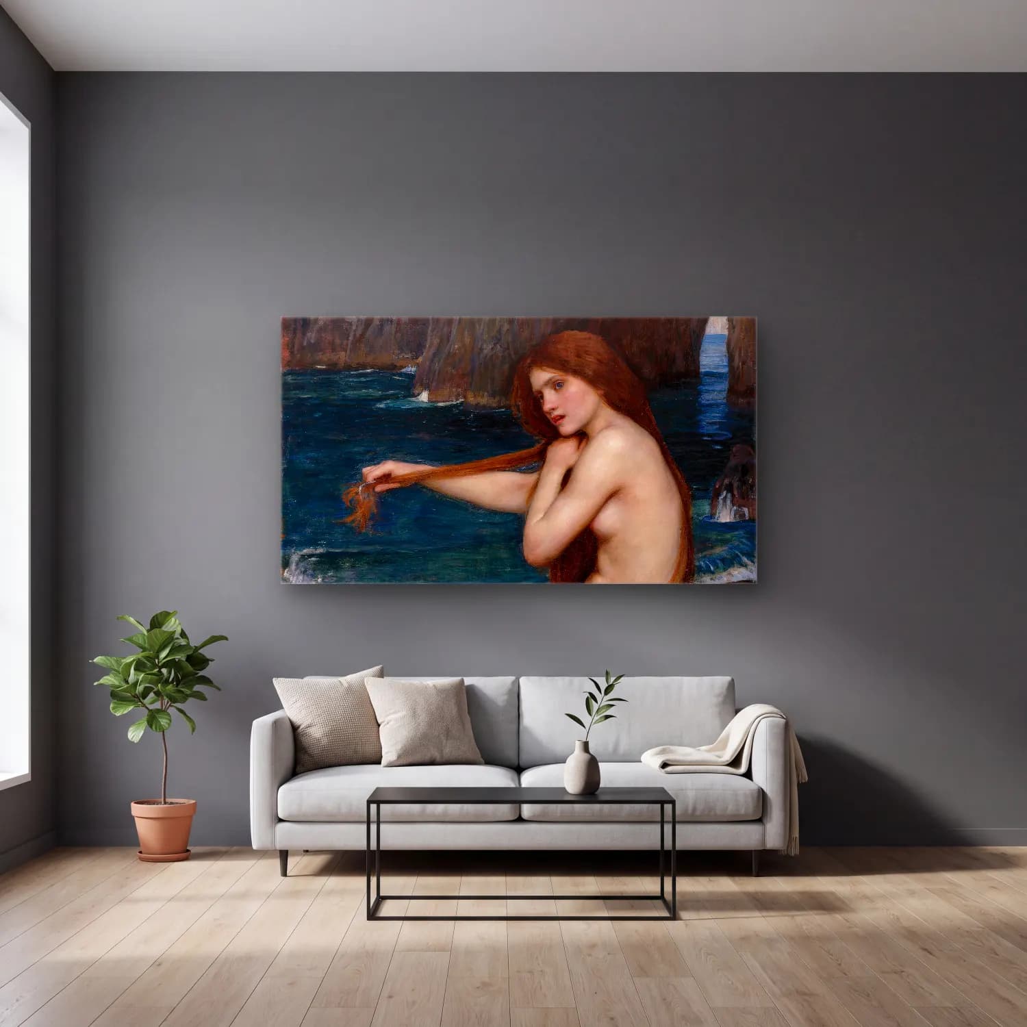 John William Waterhouse – Mermaid cam tablo — gri duvarlı salonda