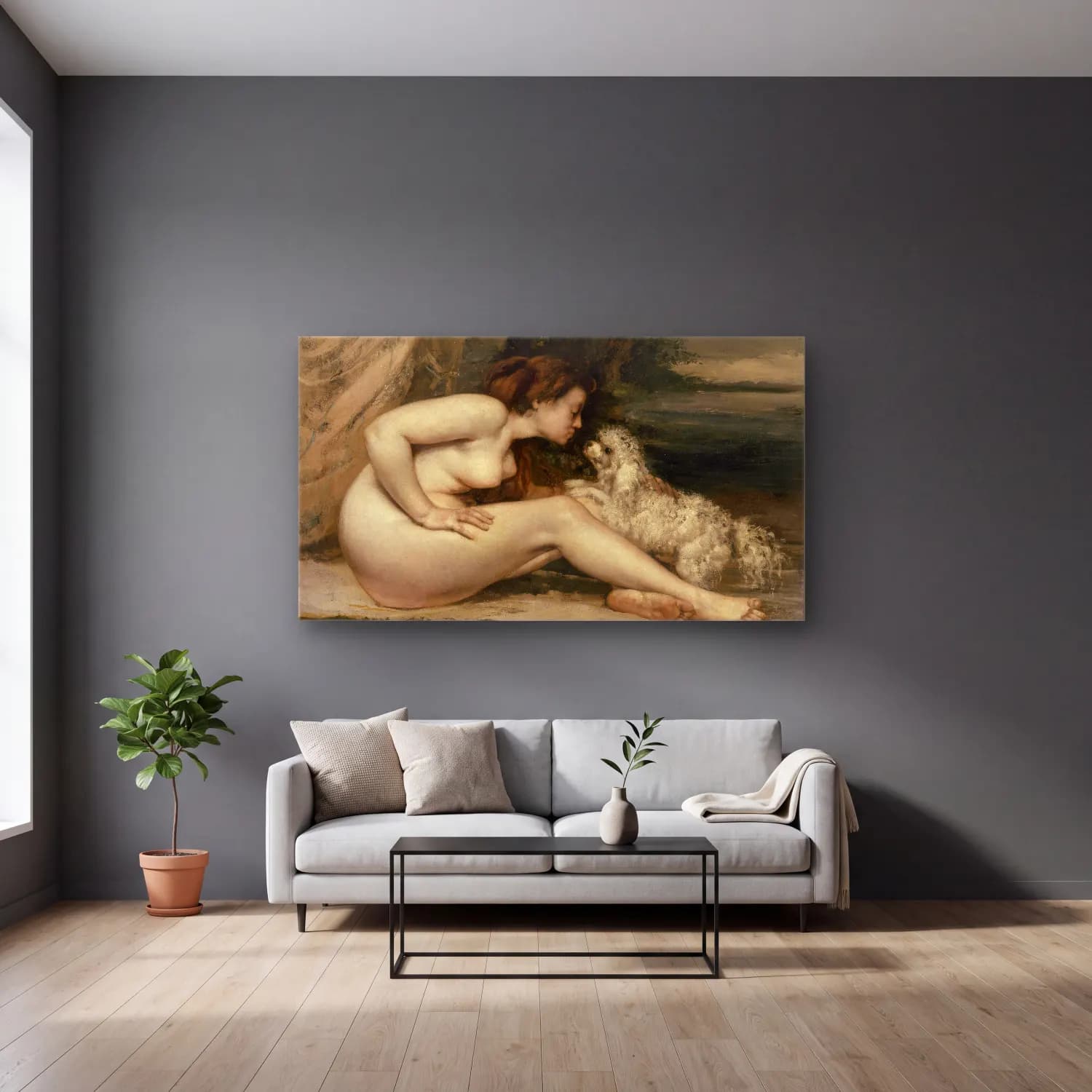 Gustave Courbet – Nude Woman With A Dog cam tablo — gri duvarlı salonda