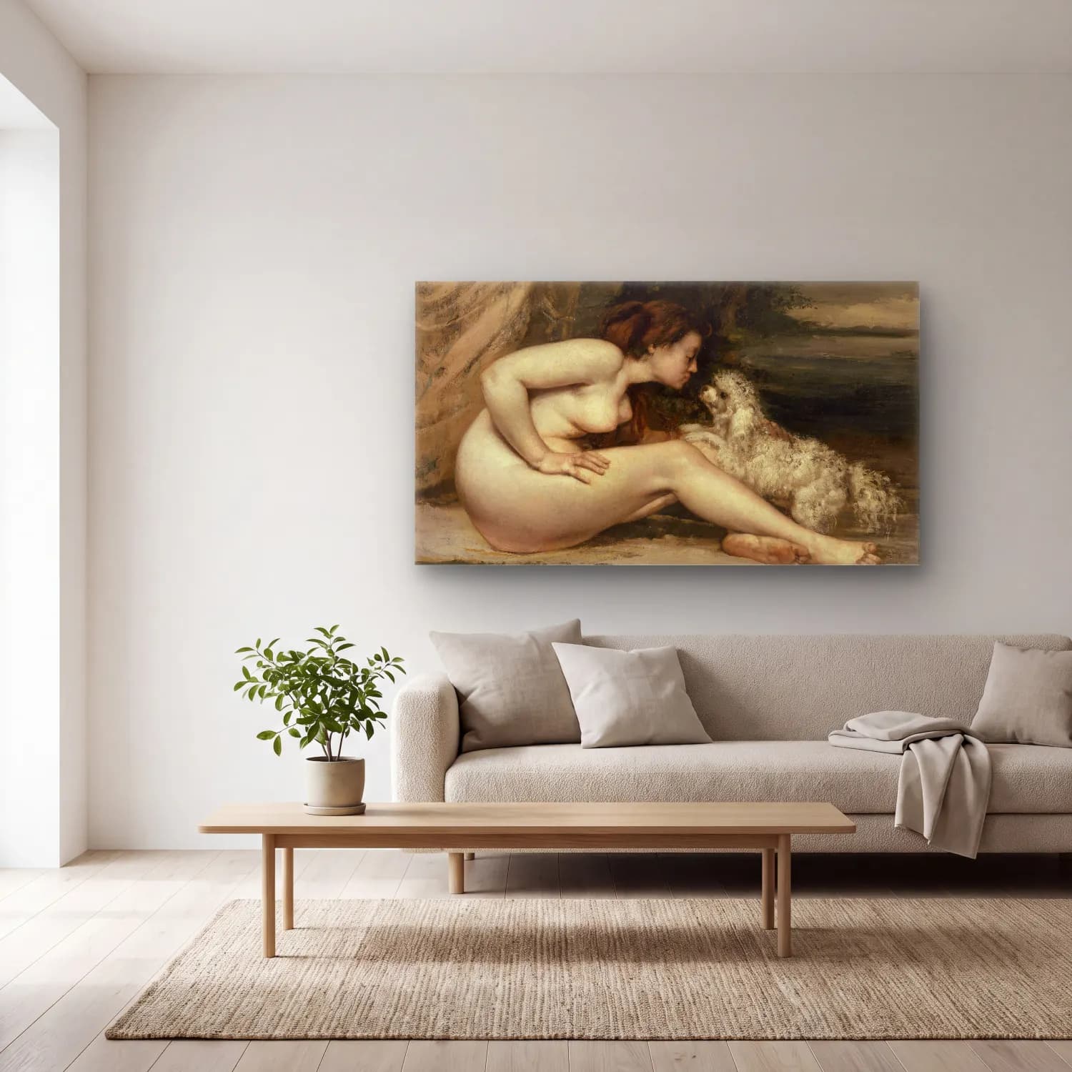 Gustave Courbet – Nude Woman With A Dog cam tablo — açık renk salonda