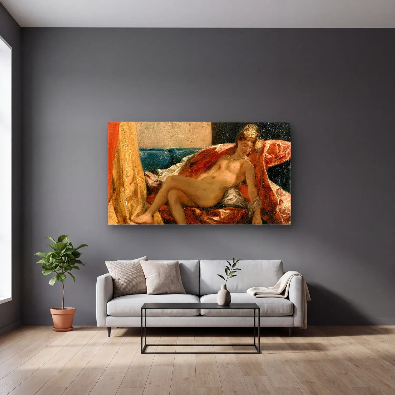 Eugene Delacroix – Woman Stroking a Parrot cam tablo — gri duvarlı salonda
