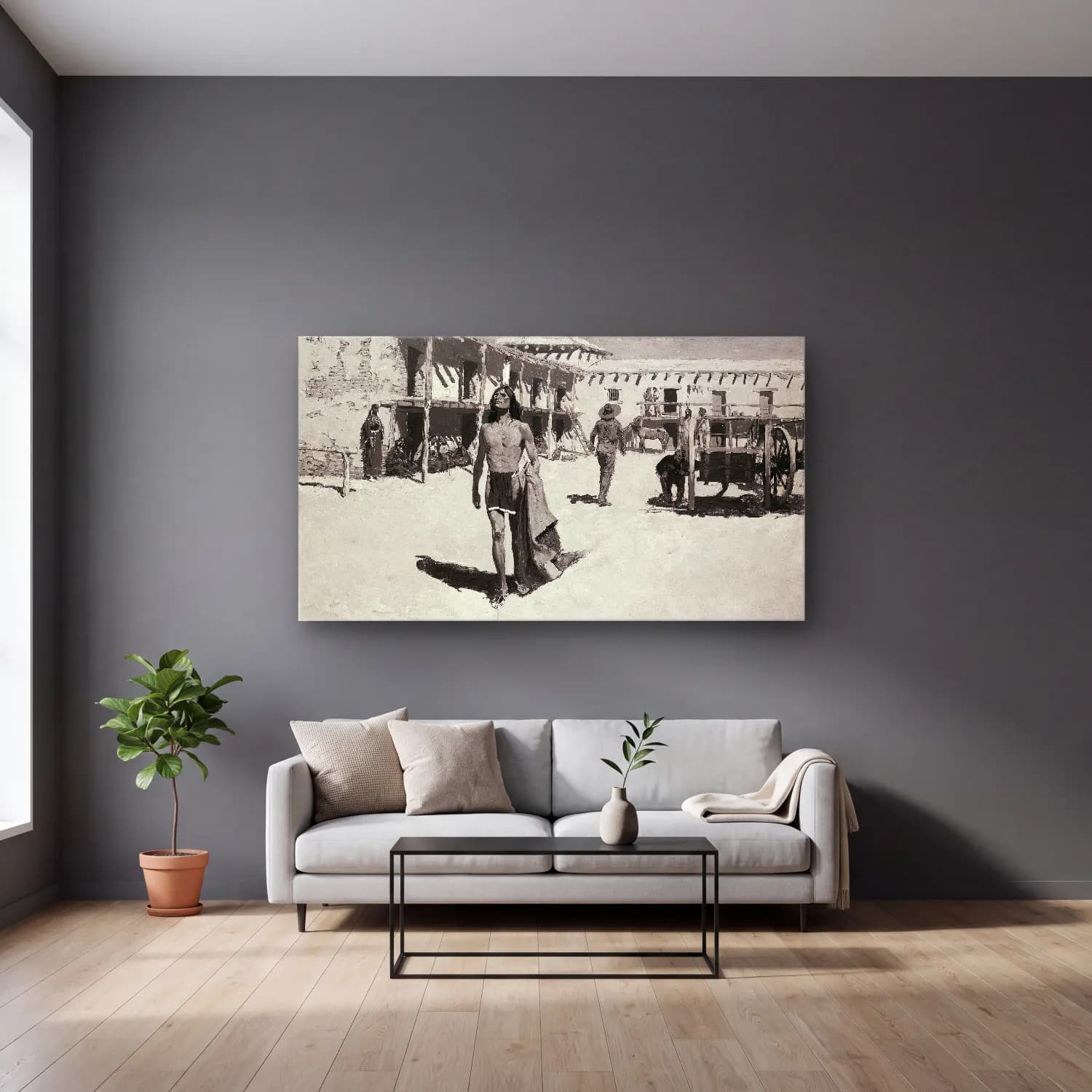 Frederic Remington – Nothing But Cheerful Looks Followed the Bat cam tablo — gri duvarlı salonda