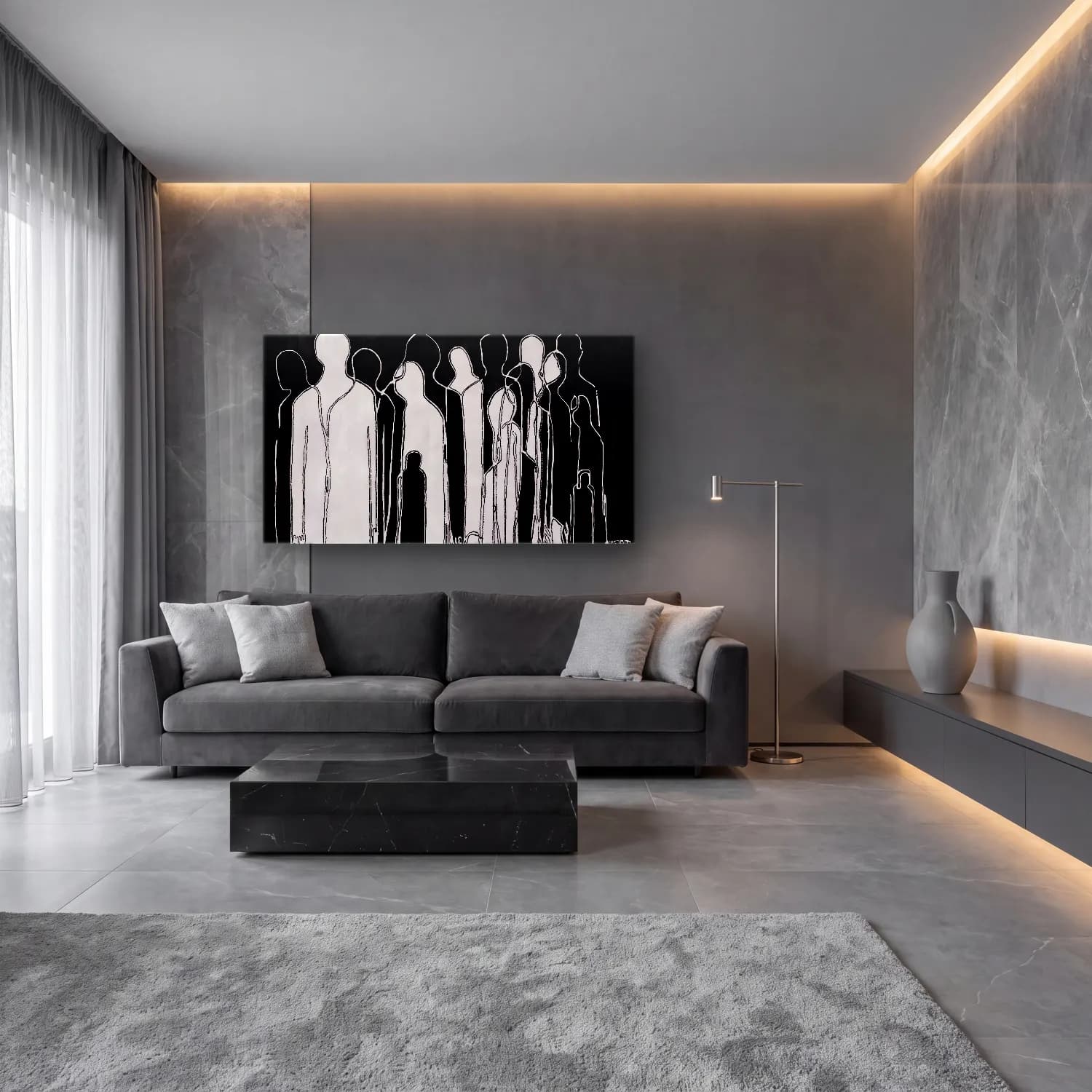 Siyah Beyaz Kalabalık Cadde cam tablo — lüks salon duvarında