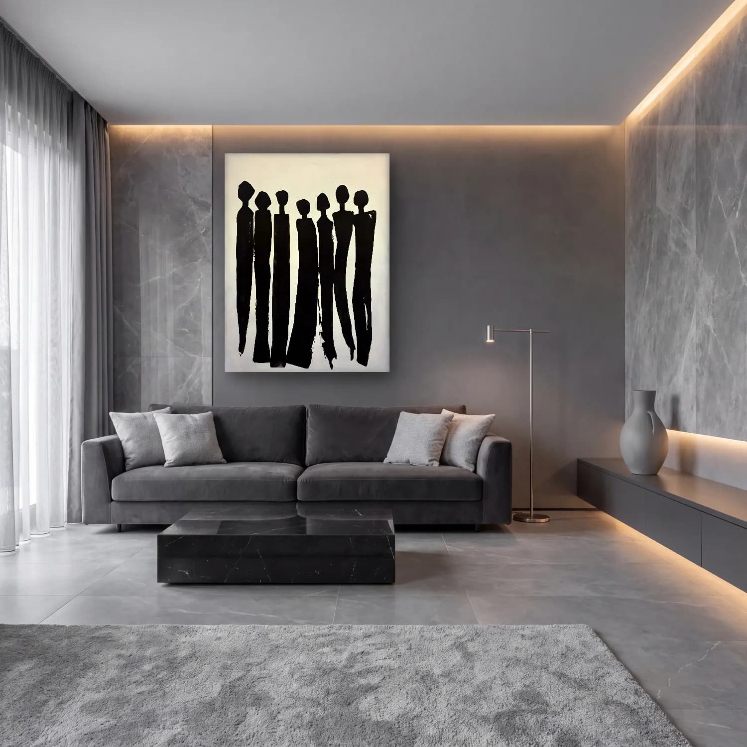Modern Soyut Dansçılar – Siyah Beyaz Tonlar cam tablo — lüks salon duvarında