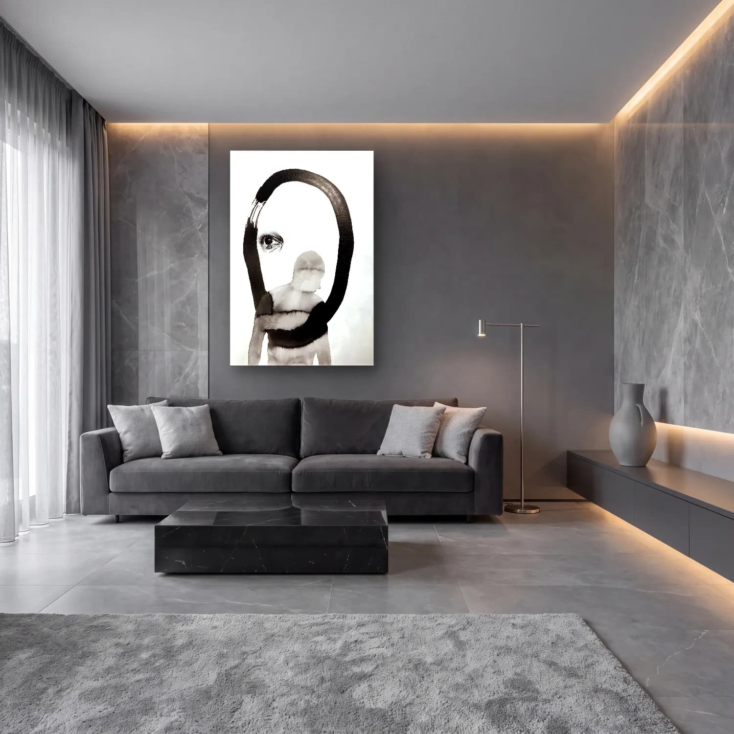 Siyah Beyaz Soyut Yüz No. 4 cam tablo — lüks salon duvarında