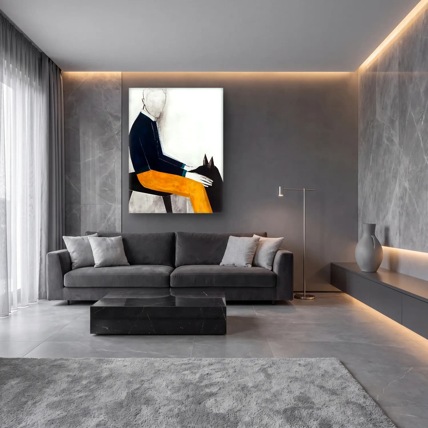 Modern Soyut Köpek – Siyah Beyaz Tonlar cam tablo — lüks salon duvarında