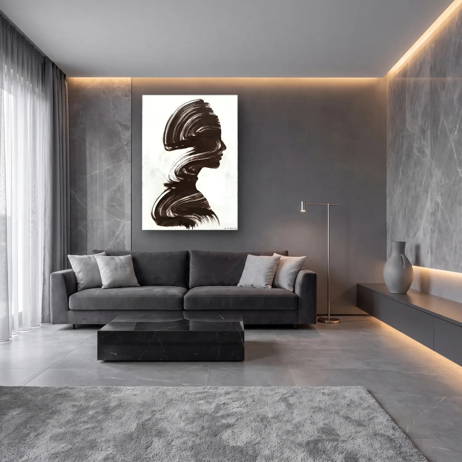 Siyah Beyaz Kadın Silueti No. 4 cam tablo — lüks salon duvarında