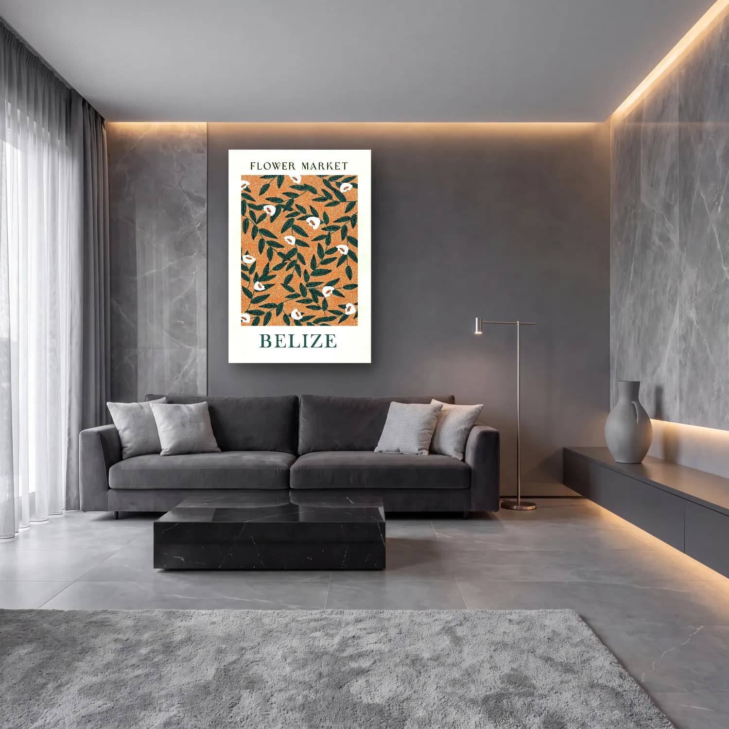 Retro Çiçek Deseni No. 118 cam tablo — lüks salon duvarında