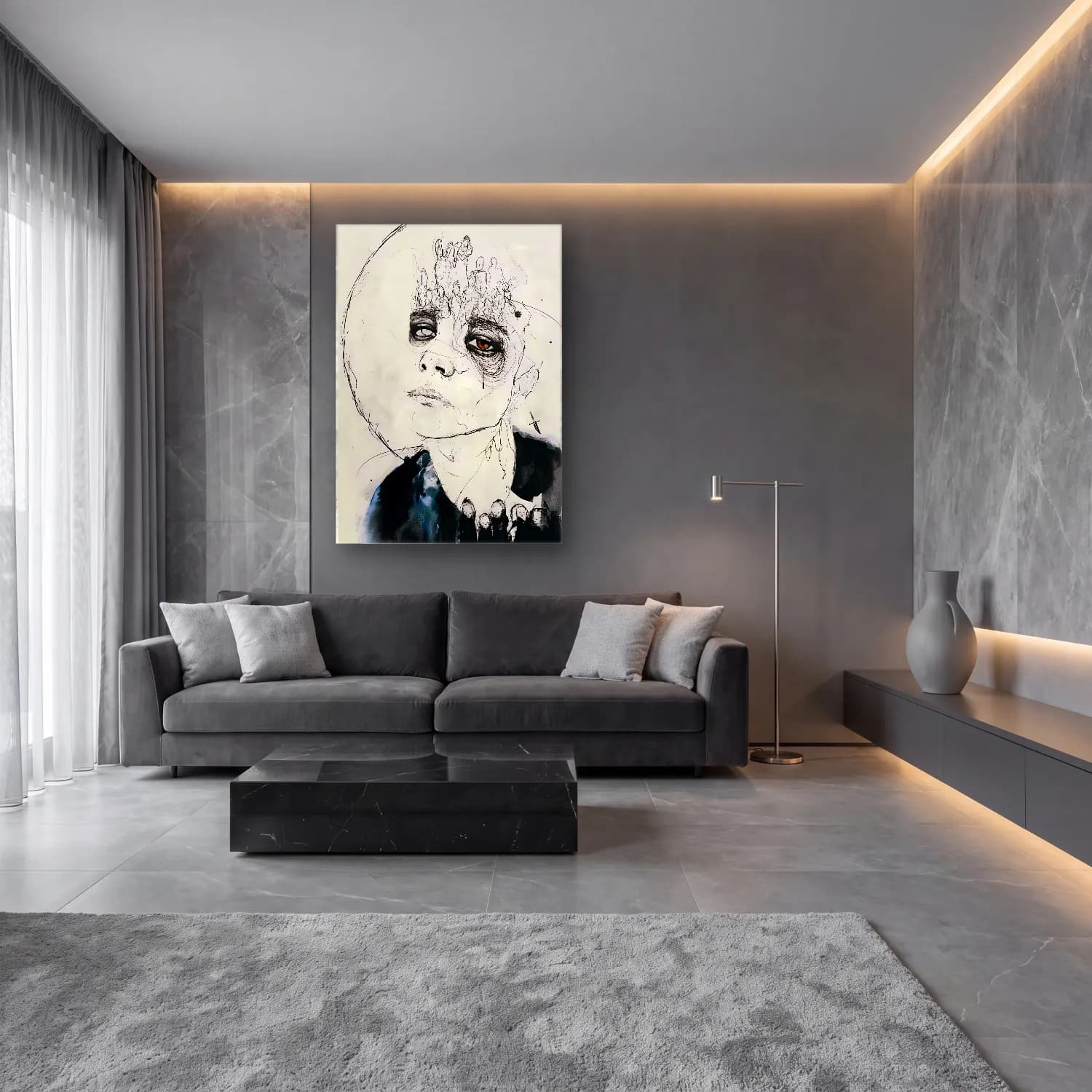 Suluboya Erkek Portresi – Siyah Beyaz Tonlar cam tablo — lüks salon duvarında
