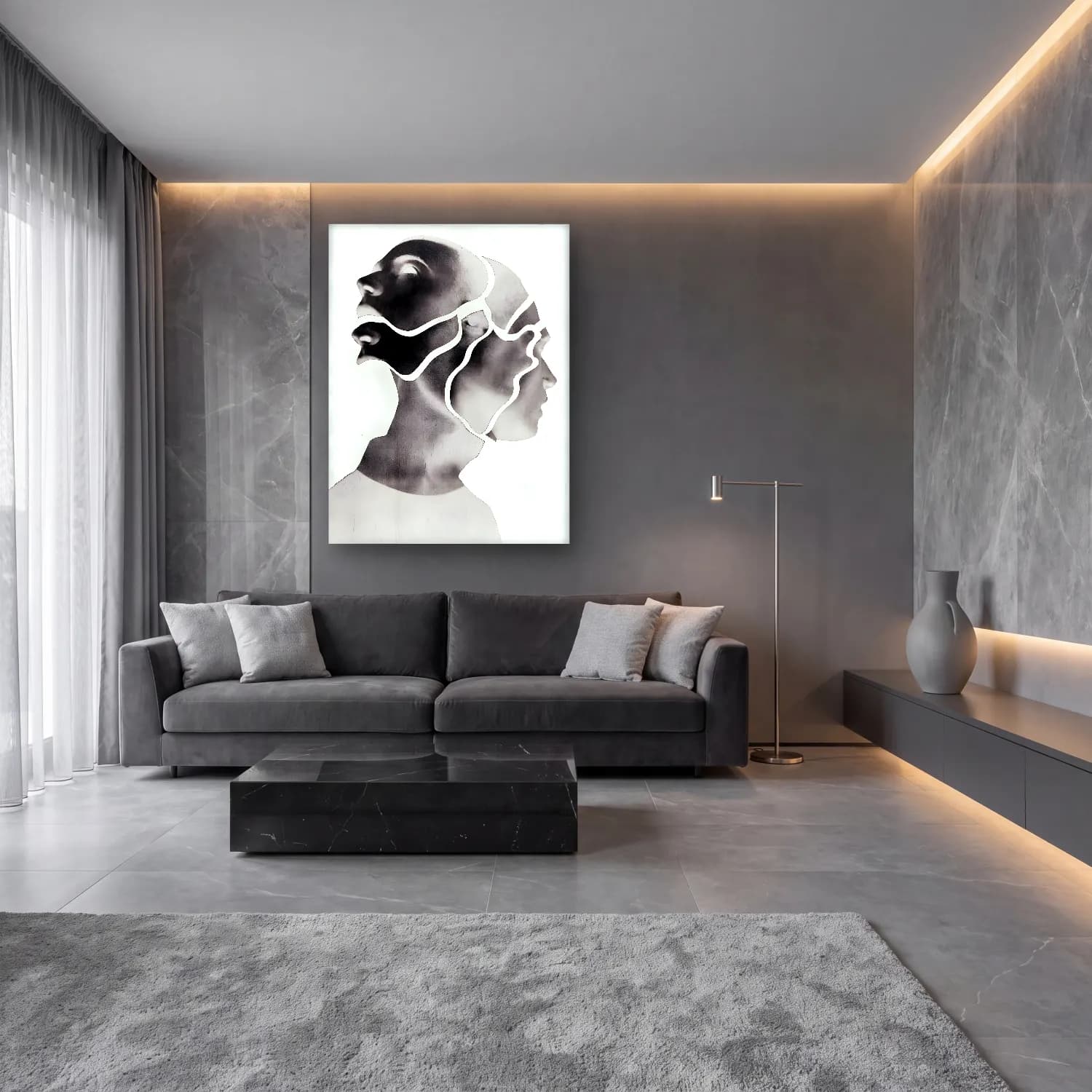 Siyah Beyaz Soyut Yüz No. 6 cam tablo — lüks salon duvarında