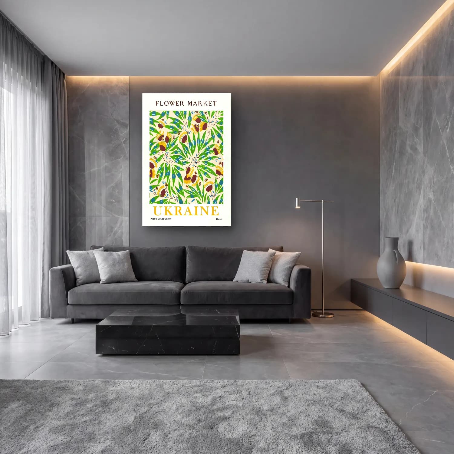 Boho Çiçek Deseni No. 129 cam tablo — lüks salon duvarında