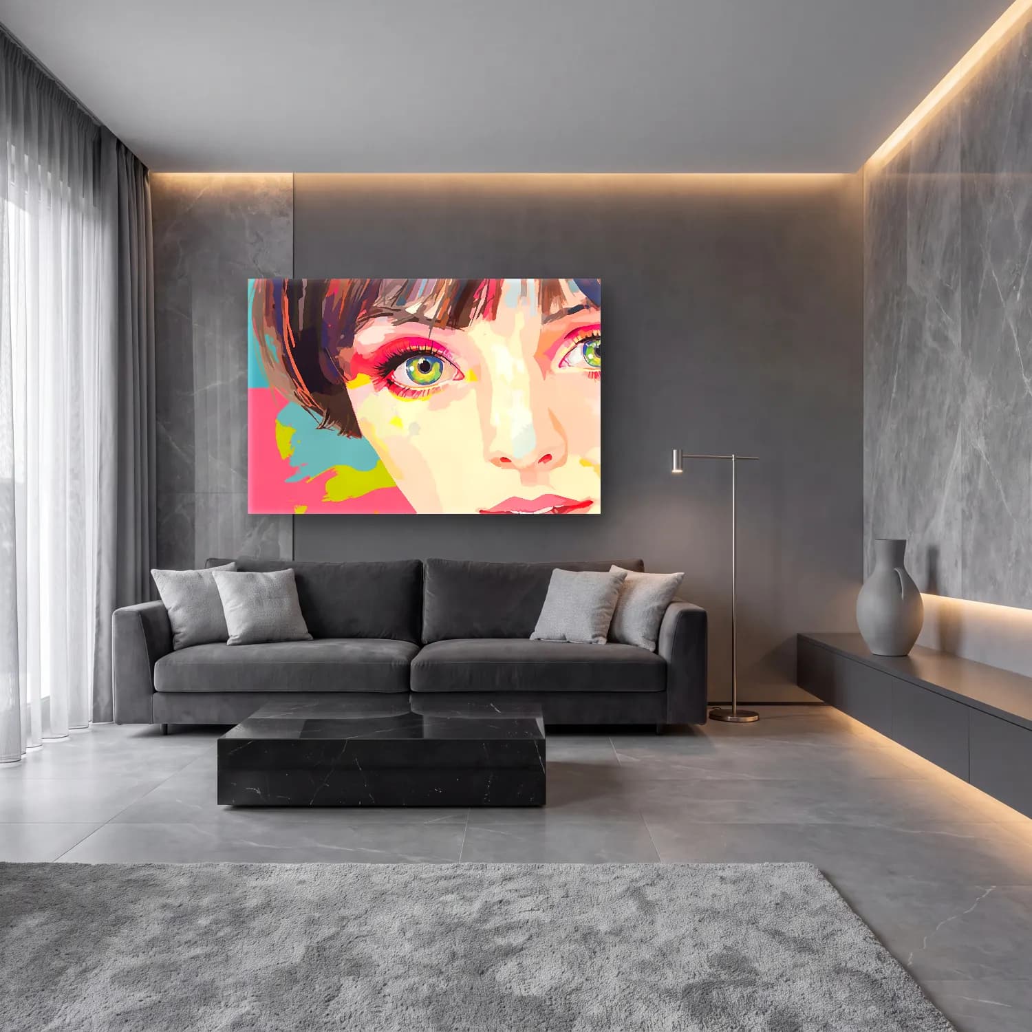 Pop Art Kız Çocuğu Portresi cam tablo — lüks salon duvarında