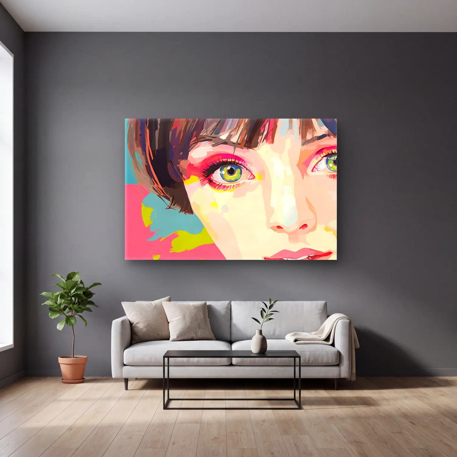 Pop Art Kız Çocuğu Portresi cam tablo — gri duvarlı salonda